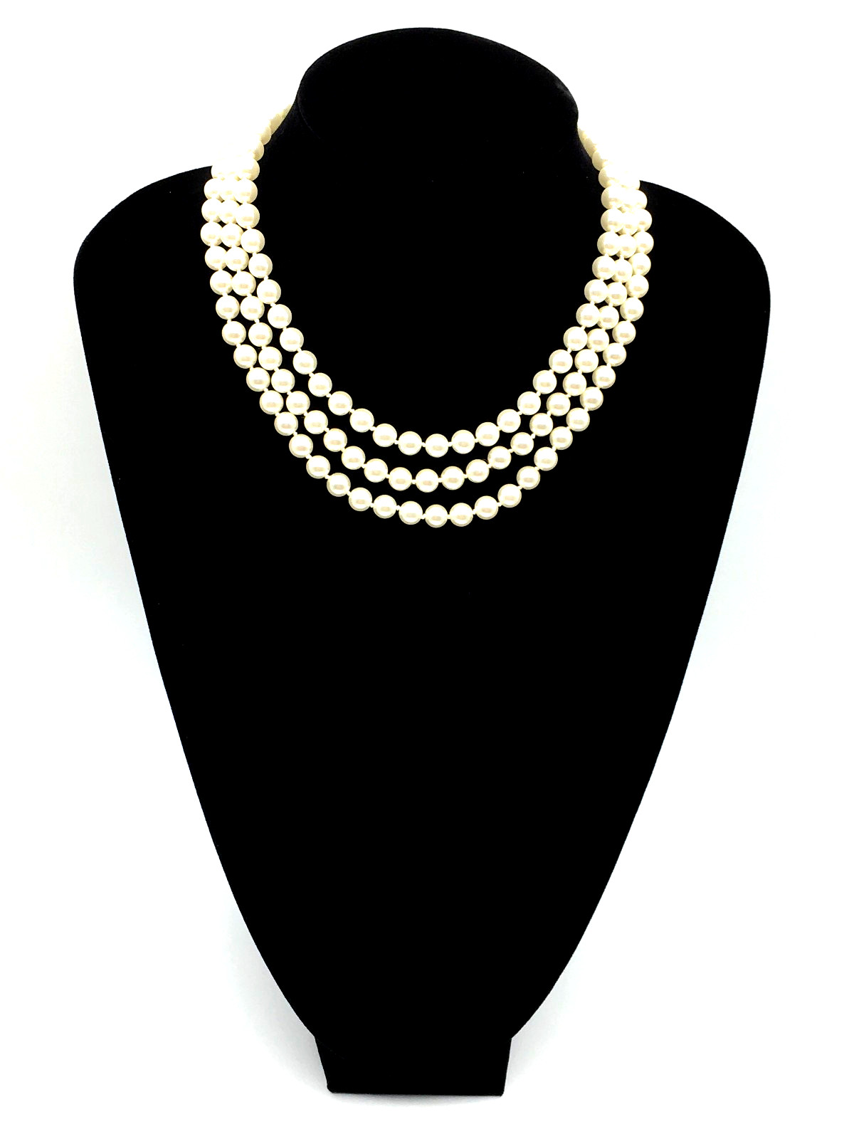 Vintage Cream Color Glass Pearls 3 Strand Hand Knot 15″ Necklace Pave Push Clasp