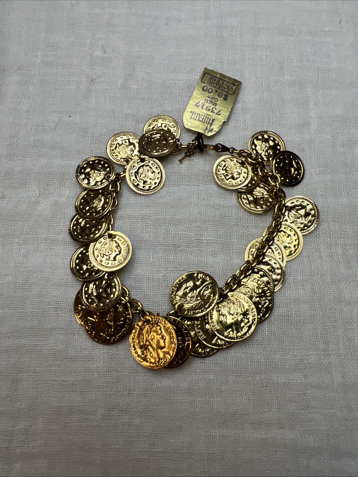 VTG Crown Trifari Jewels Antique Gold Roman Coin Demi Parure Set NOS 1978-85