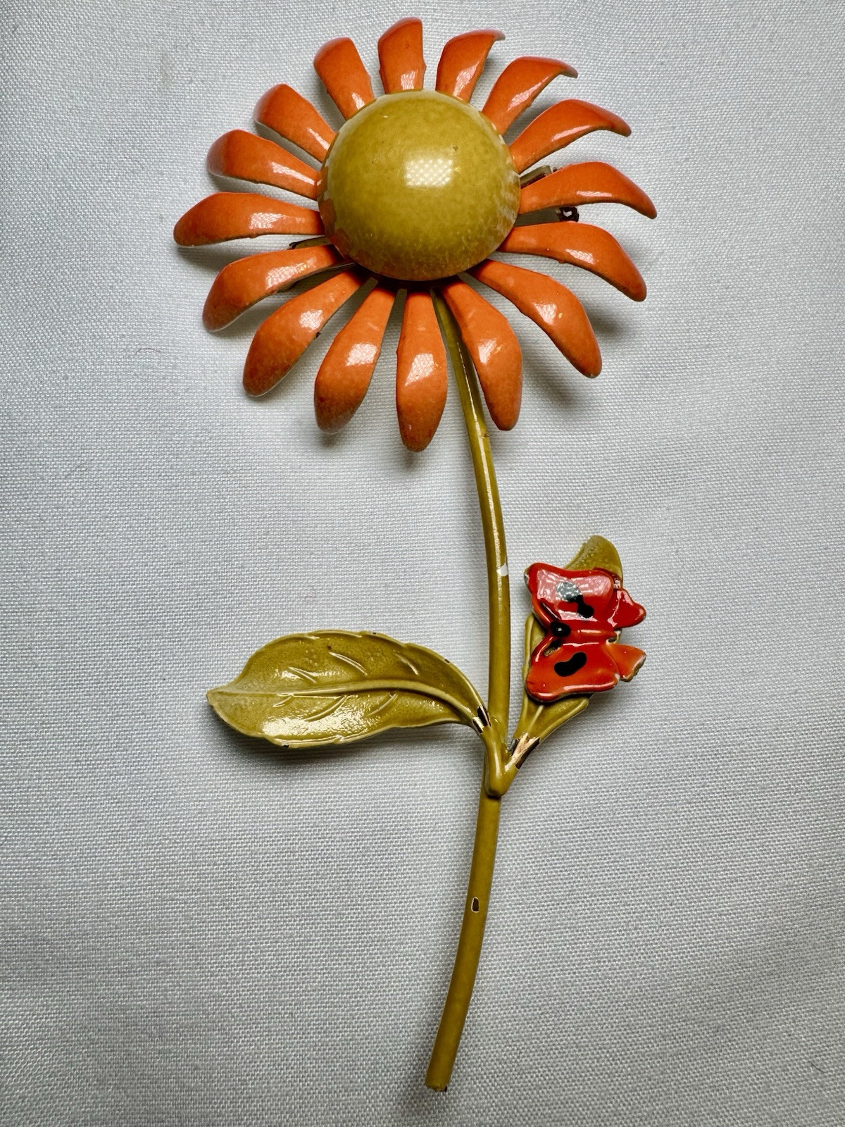 Vintage Orange Yellow Metal Enamel Daisy Flower Floral Brooch Pin 4.25” Spring