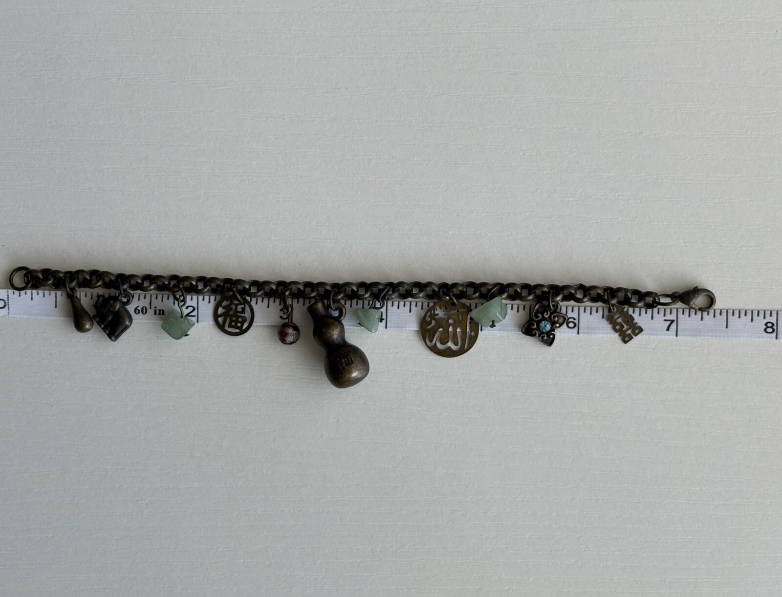 Vintage Chinese Cloisonné Charm Bracelet 7.25in Ladies Good Luck Jade 16.80g