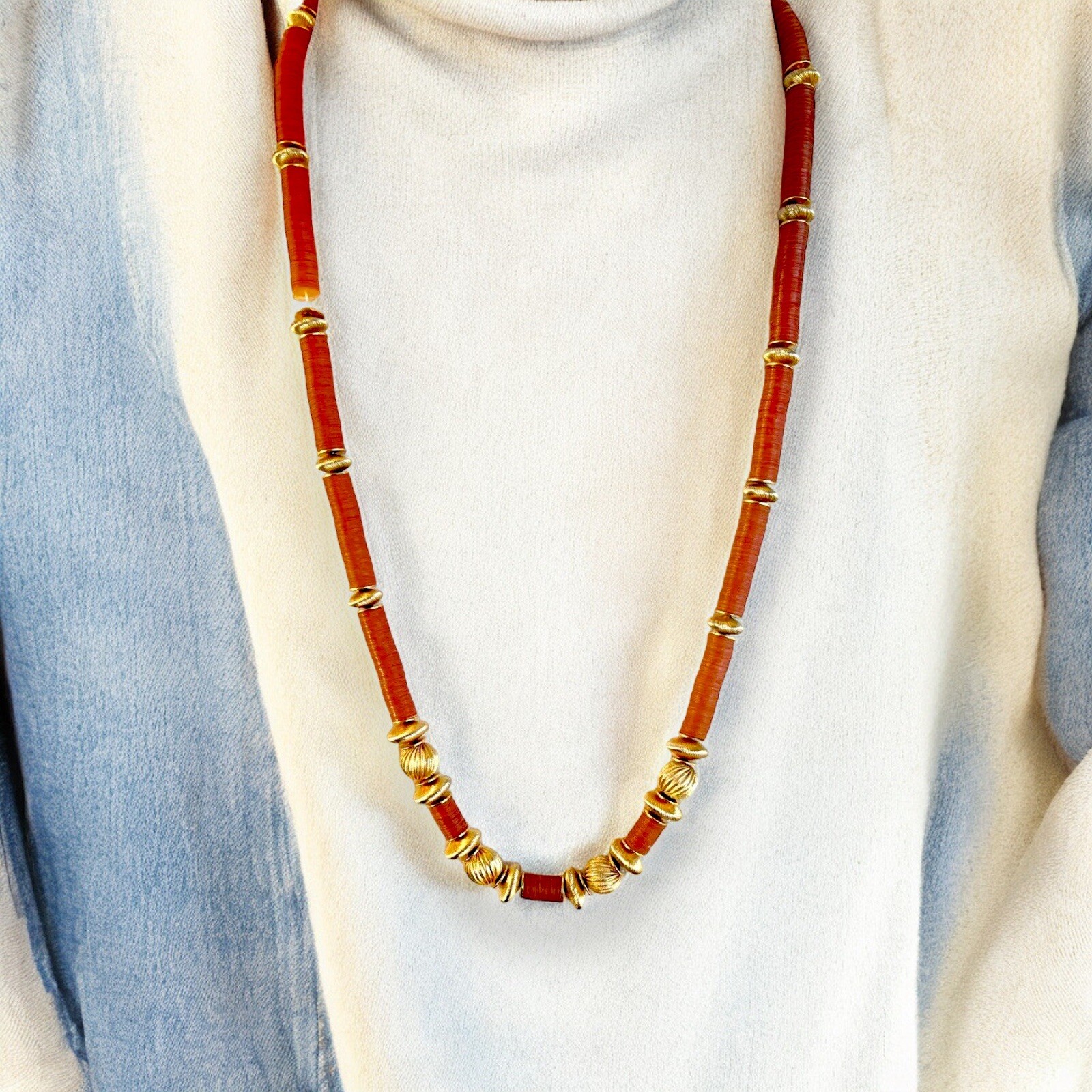 Gay Boyer Necklace Amber Lucite Gold Tone Bead 26″ Vintage Signed