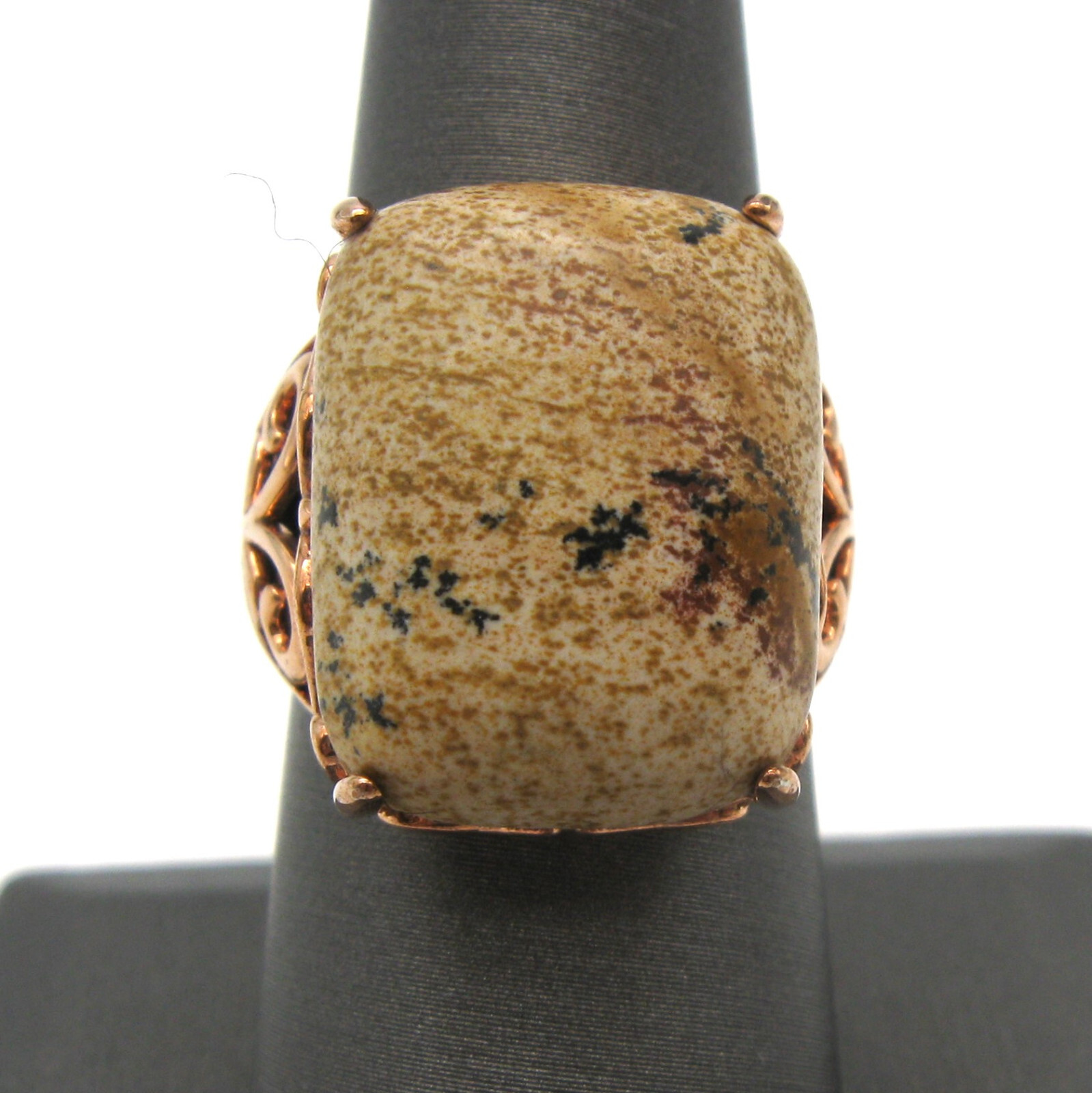 Vintage Jasper Stone Filigree Rose Gold Plated Ring Signed JZ Size 8