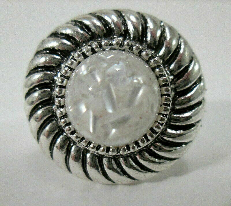 Adjustable Cocktail Ring Silver Tone with White Round Cabochon Estate Find
