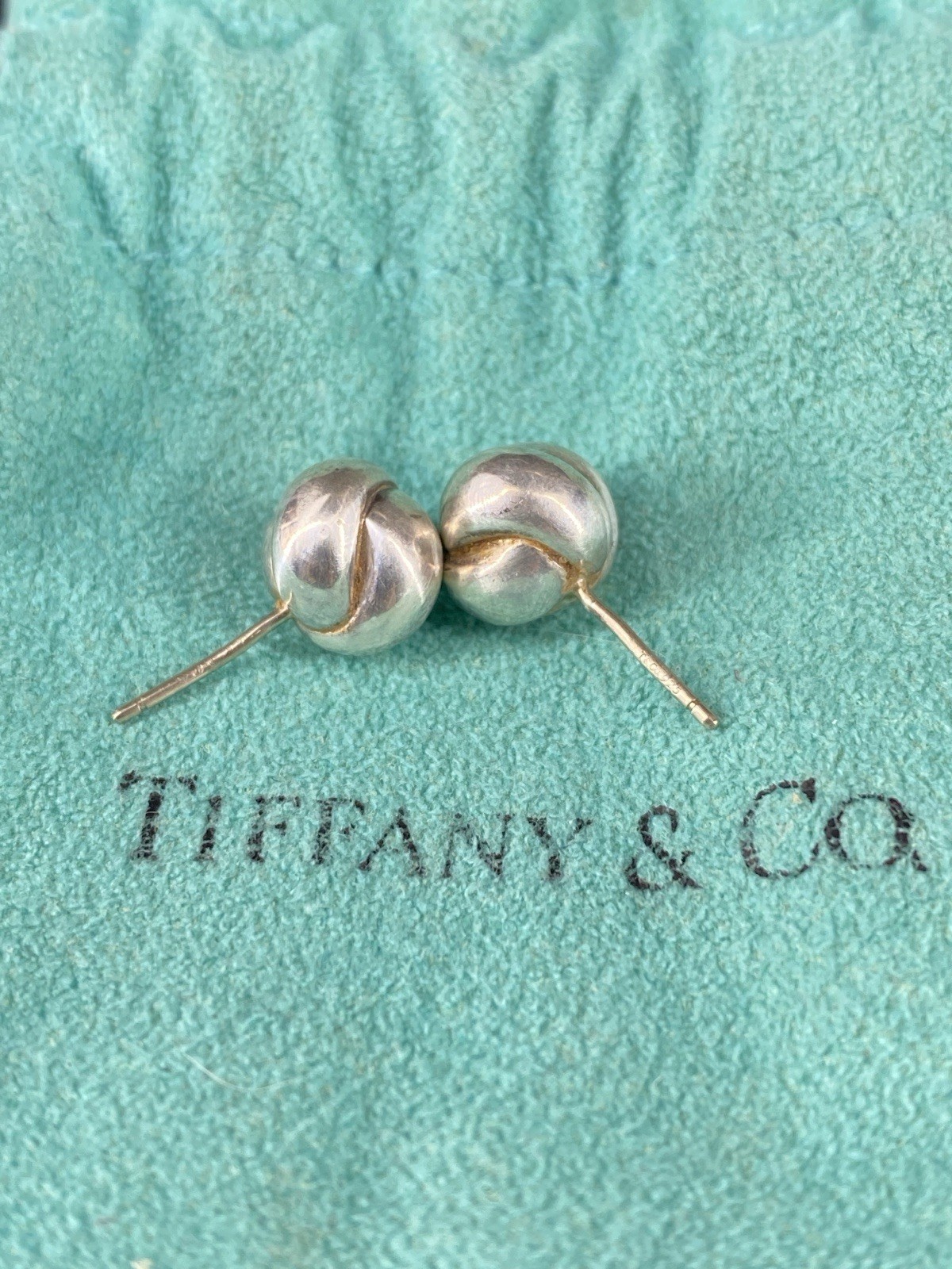 Tiffany & Co 925 Sterling Silver Twist Knot Love Ball Stud Earrings w/ Pouch