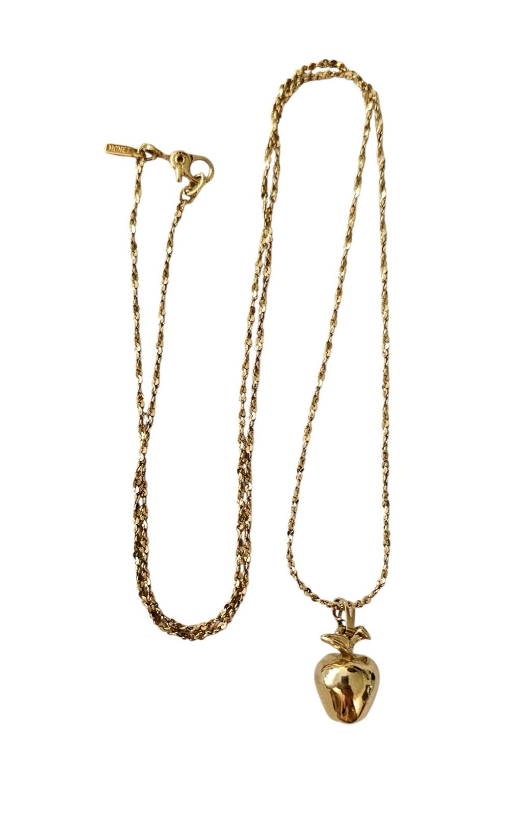 Monet Vintage Apple Charm Necklace, Sister Clasp Gold Tone Chain 24″ Long Signed
