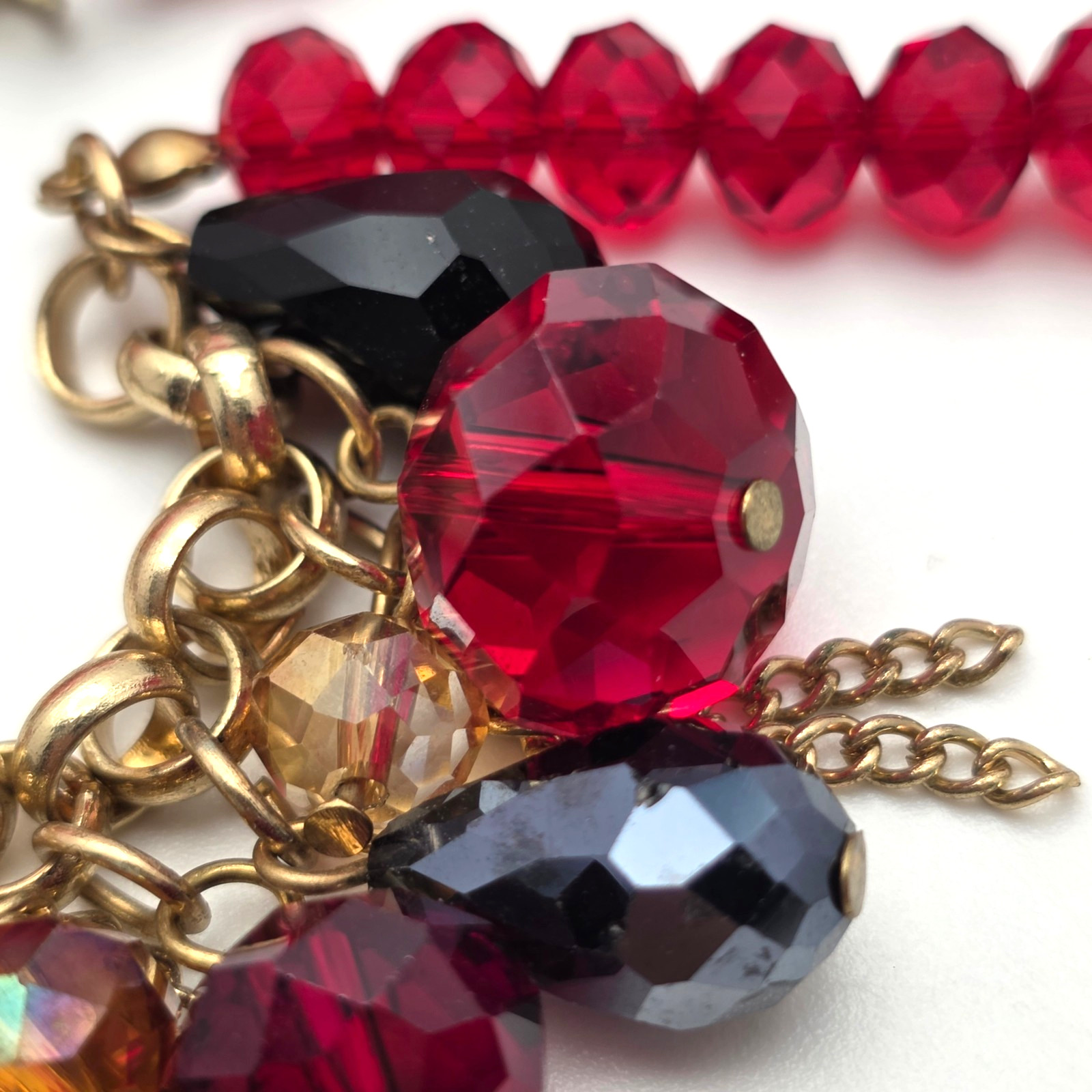 Vintage Red Black Crystal Fringe Necklace Gold Tone Faceted Bead Bib 20 In