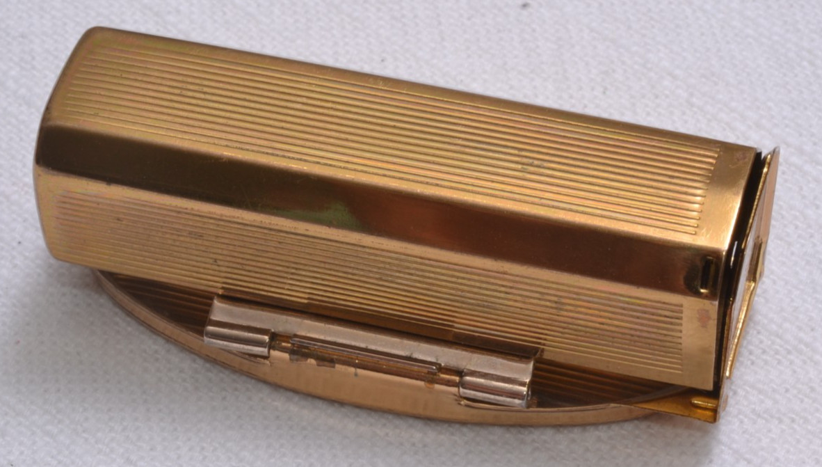Stratton England Compact Mirror & Lipstick Holder Gold Tone Floral Fiip VTG 60s