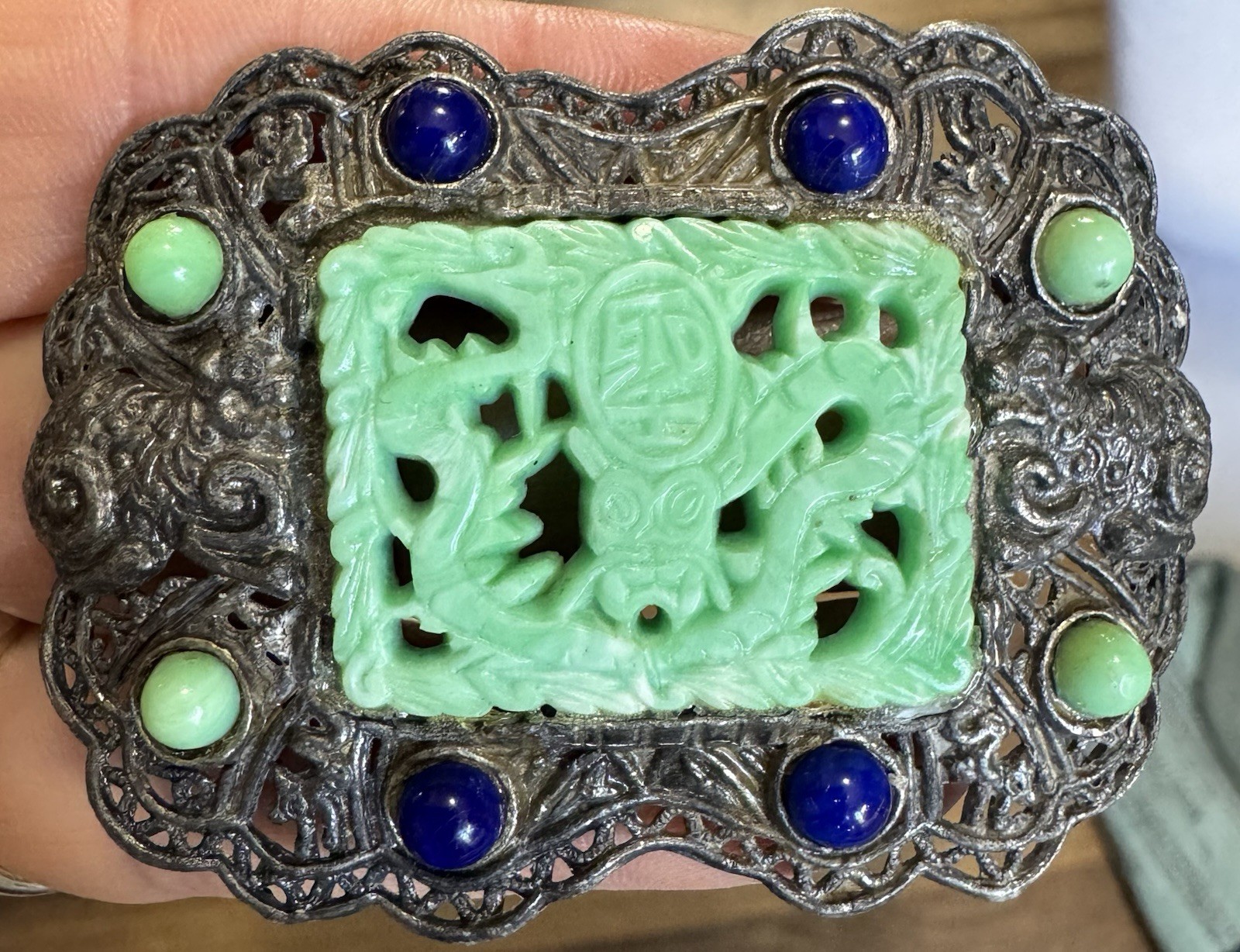 Vintage LN/25 Little Nemo Signed Pot Metal Asian Themed Brooch Faux Peking Glass