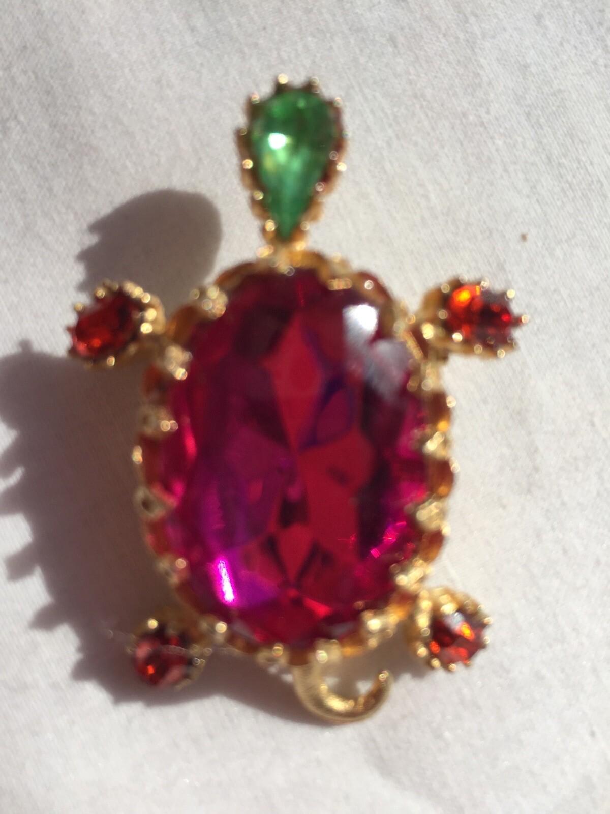 Vintage MCM Gold Tone Pink and Green AB Rhinestone Turtle Brooch