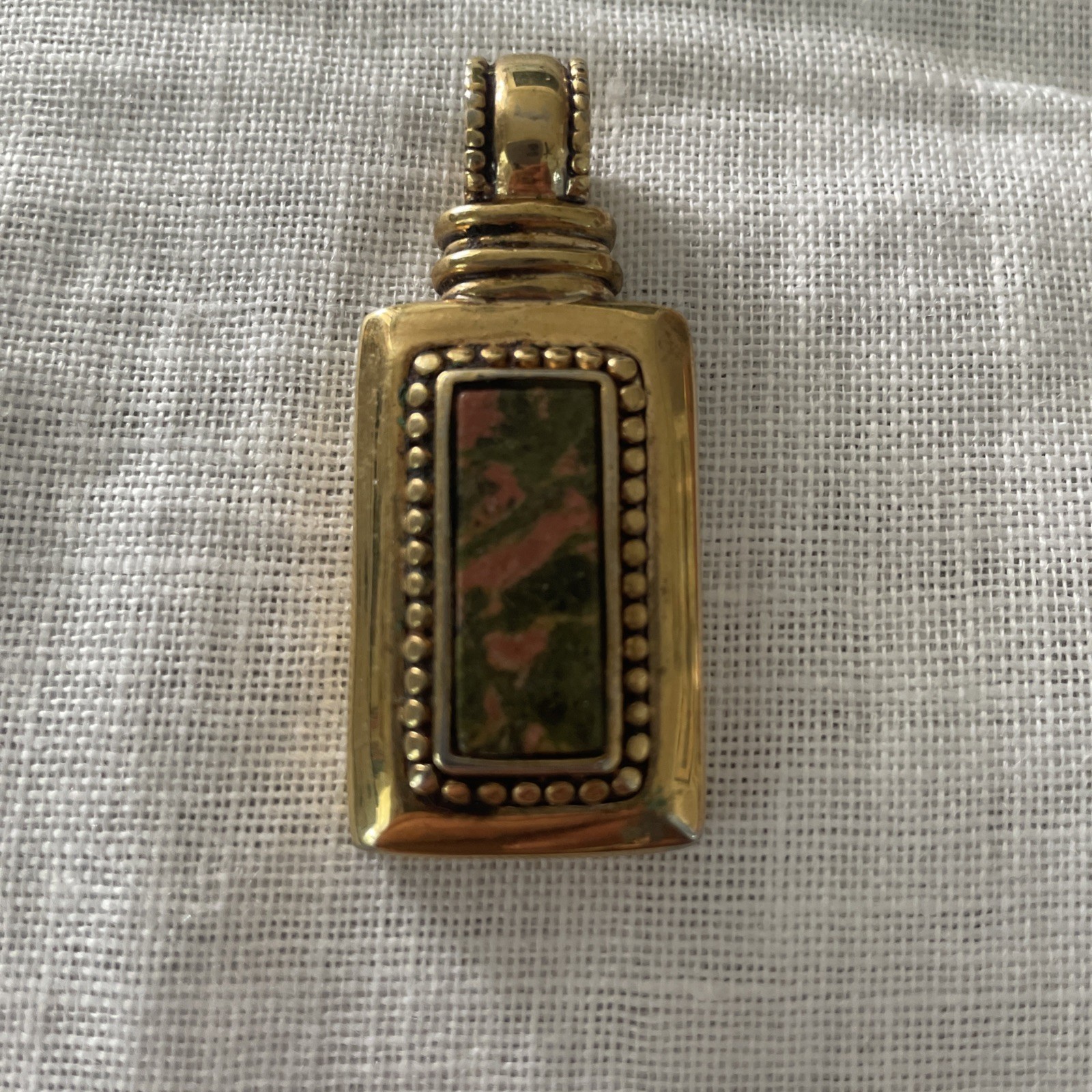 Vtg Roman Unikite Green Pink Stone W Beaded Frame Goldtone Pendant
