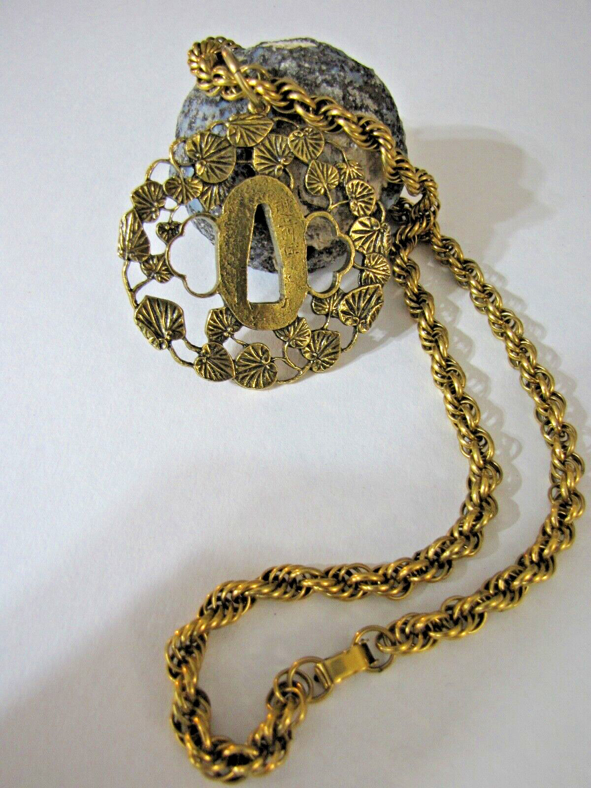 Vintage Alva Museum Replica Hollyhock Tsuba Pendant 30″ Rope Chain Signed Huge