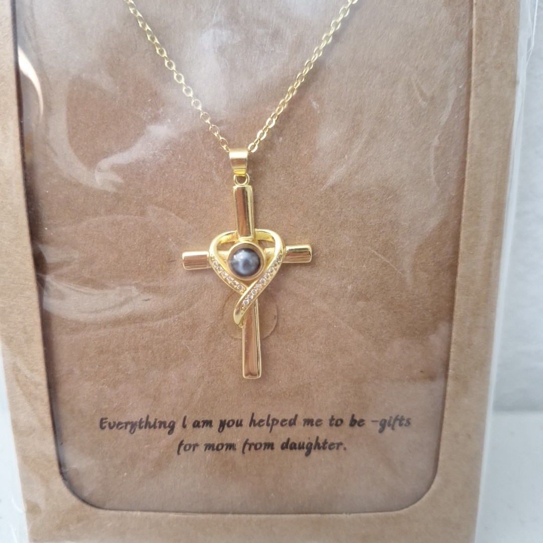 Jesus Gold Tone Cross Pendant Necklace + Bracelet Jewelry Mother Daughter Gift