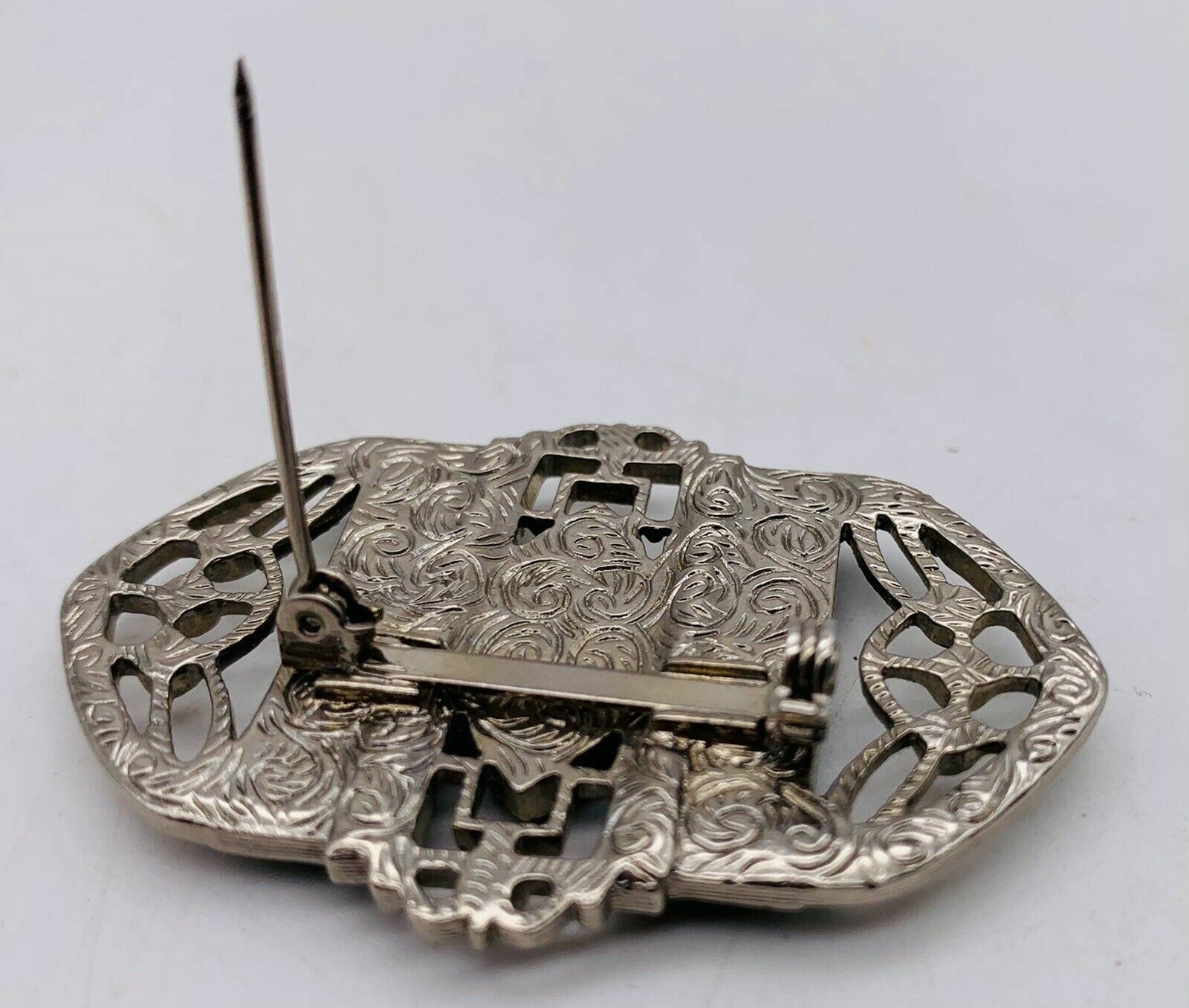 Vintage Silver Jade Brooch with Rhinestones Art Deco 2″ x 1.5″ Ornate Intricate