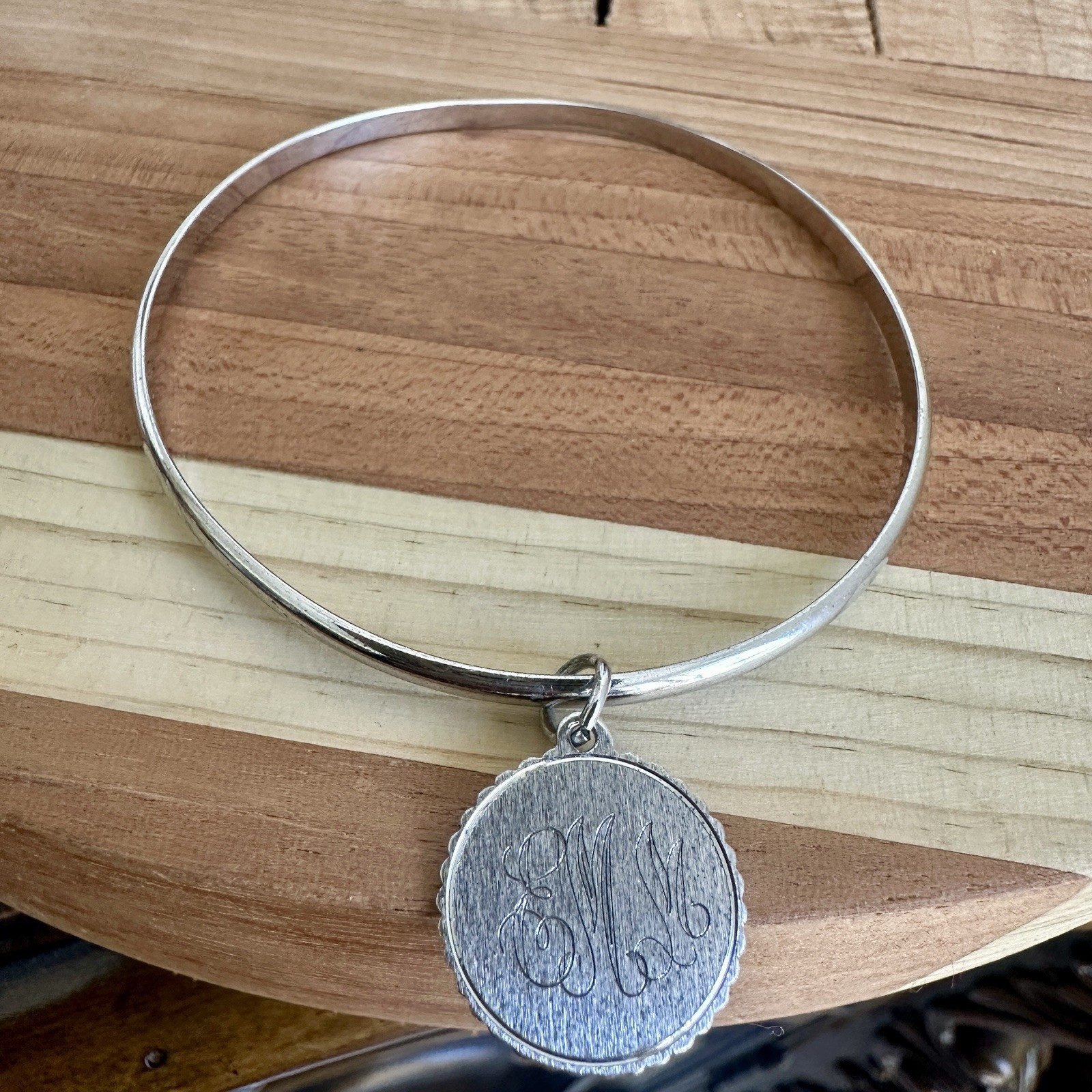 Vintage 1971 Bangle Bracelet 7.5 Inch Monogram EMM Charm 925 Sterling 10.4g