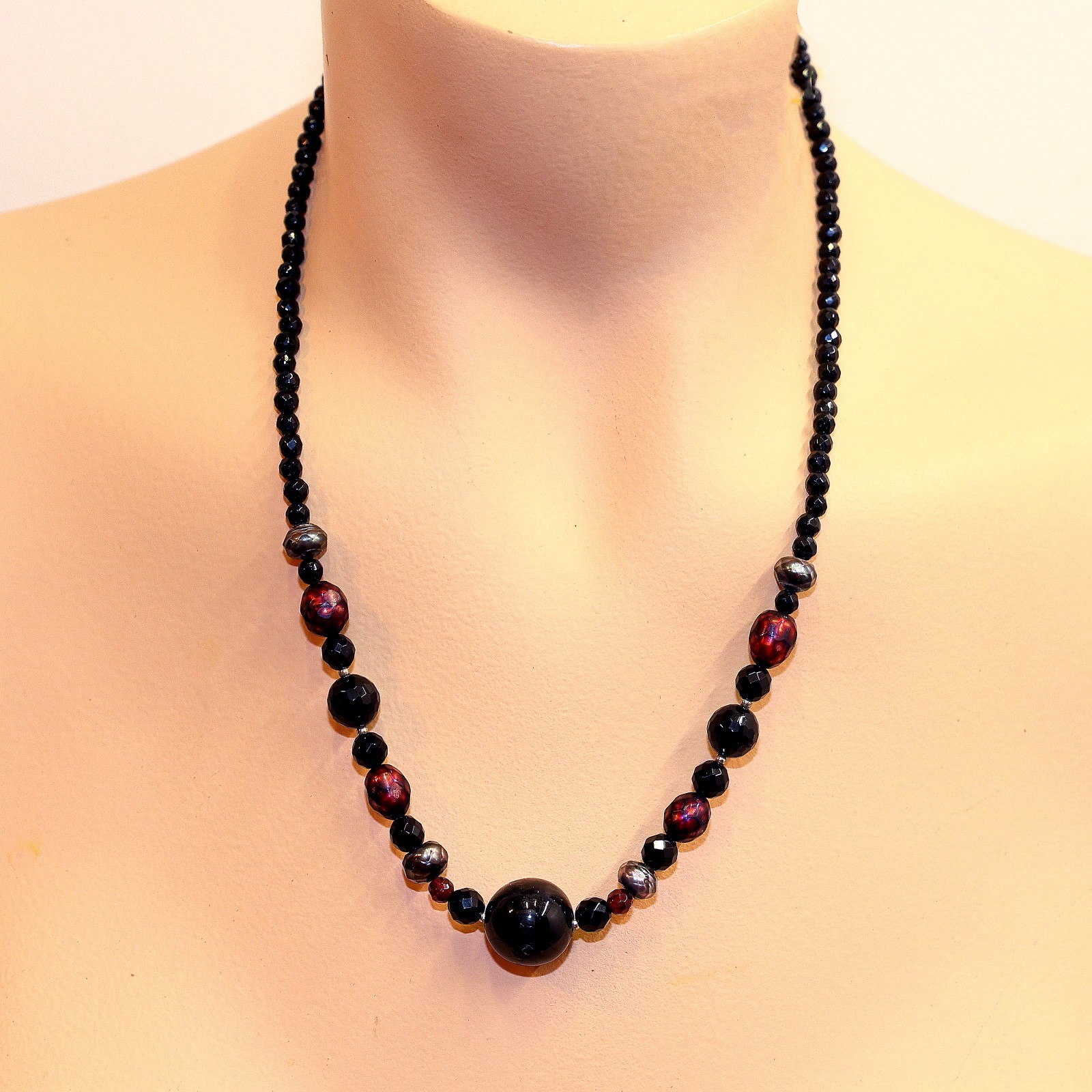 BARSE Sterling Necklace Black Dark Red Gray Beads Balls .925 Silver THAI 19″