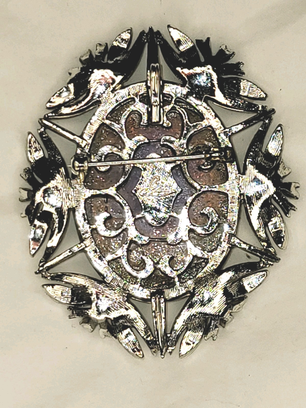 Vtg MCM Glass Foil Art Brooch Pendant Rhinestones Silver Tone Lg Whimsical Fairy