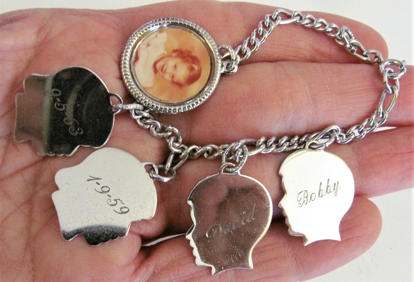 VTG Sterling 925 Silhouette Children Head Photo 5 Charm 21g Bracelet 7 1/4″ long