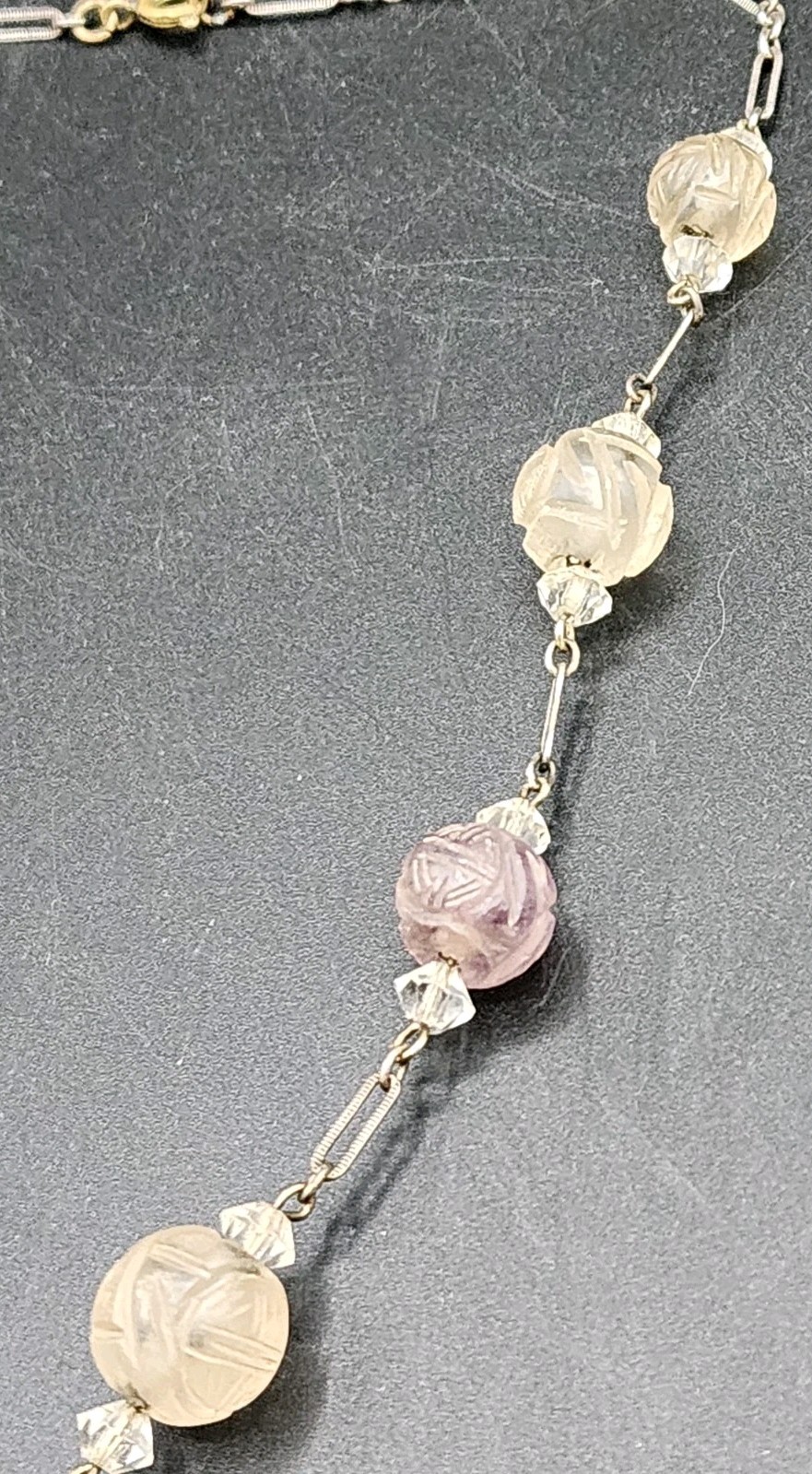 Antique Art Deco Chinese Carved Purple Amethyst Bead Necklace w/Carved Pendant