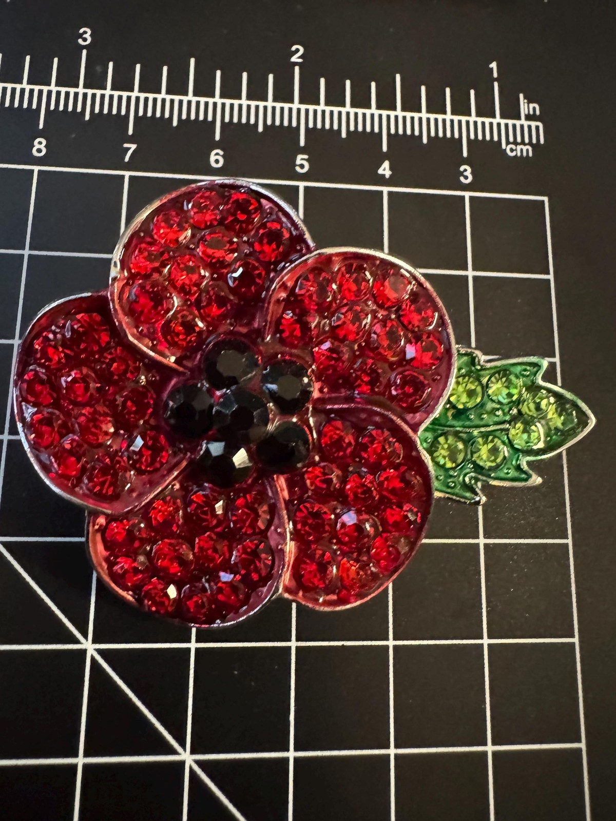 Vintage Red Poppy Flower Black Crystal Rhinestone Brooch Pin B22