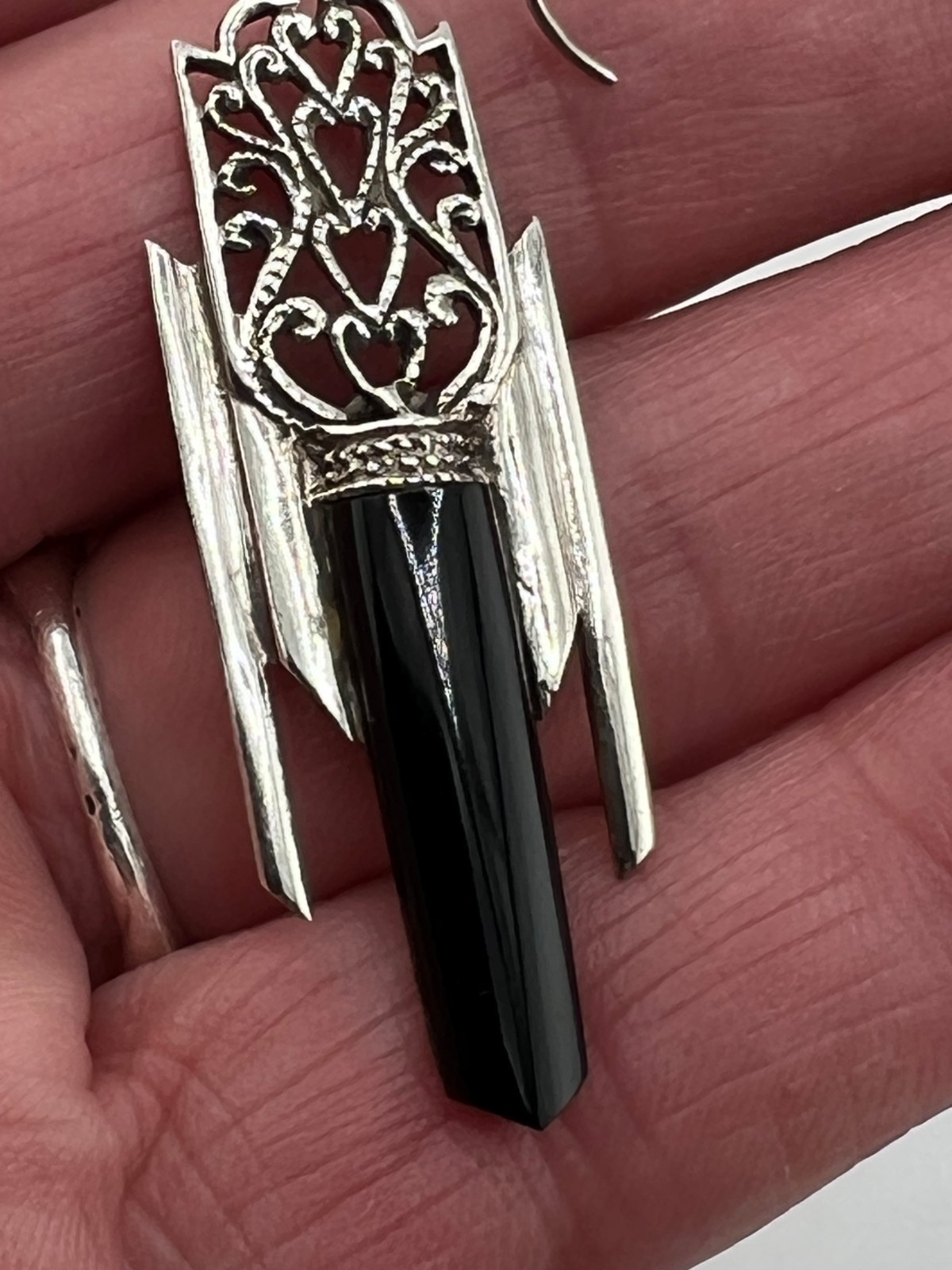 Art Deco Revival Black Onyx dangle earrings 925 Sterling silver EUC