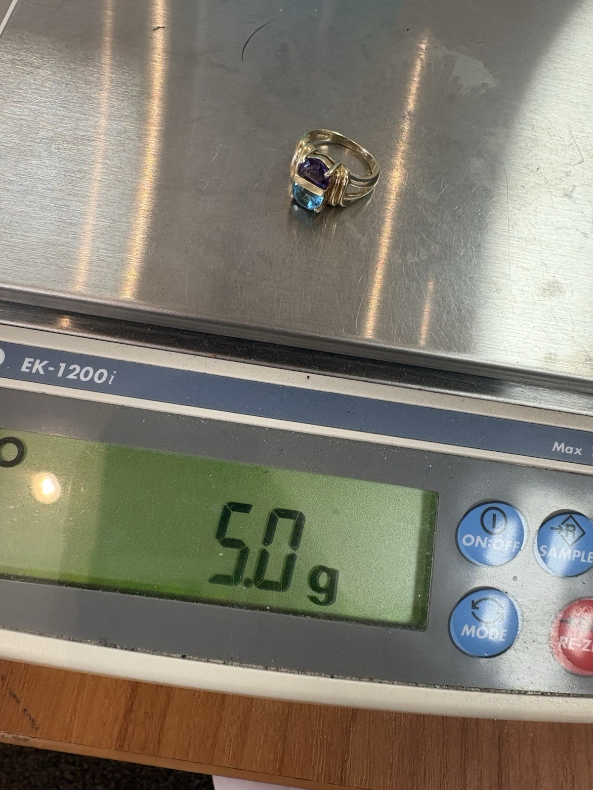 14k Gold Amethyst, Blue Topaz Ring Size 5 Can Be Sized