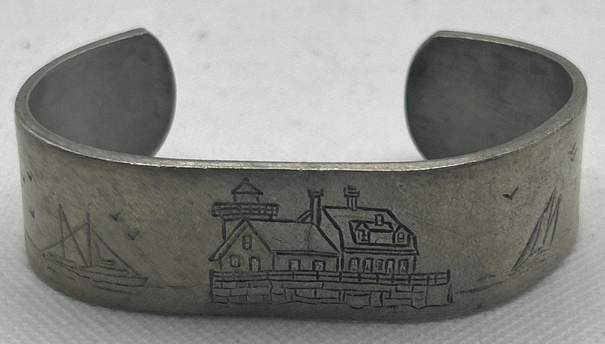 Salisbury Pewter Light houses of Maine Signed Embossed Cuff Bracelet 7″ Coastal