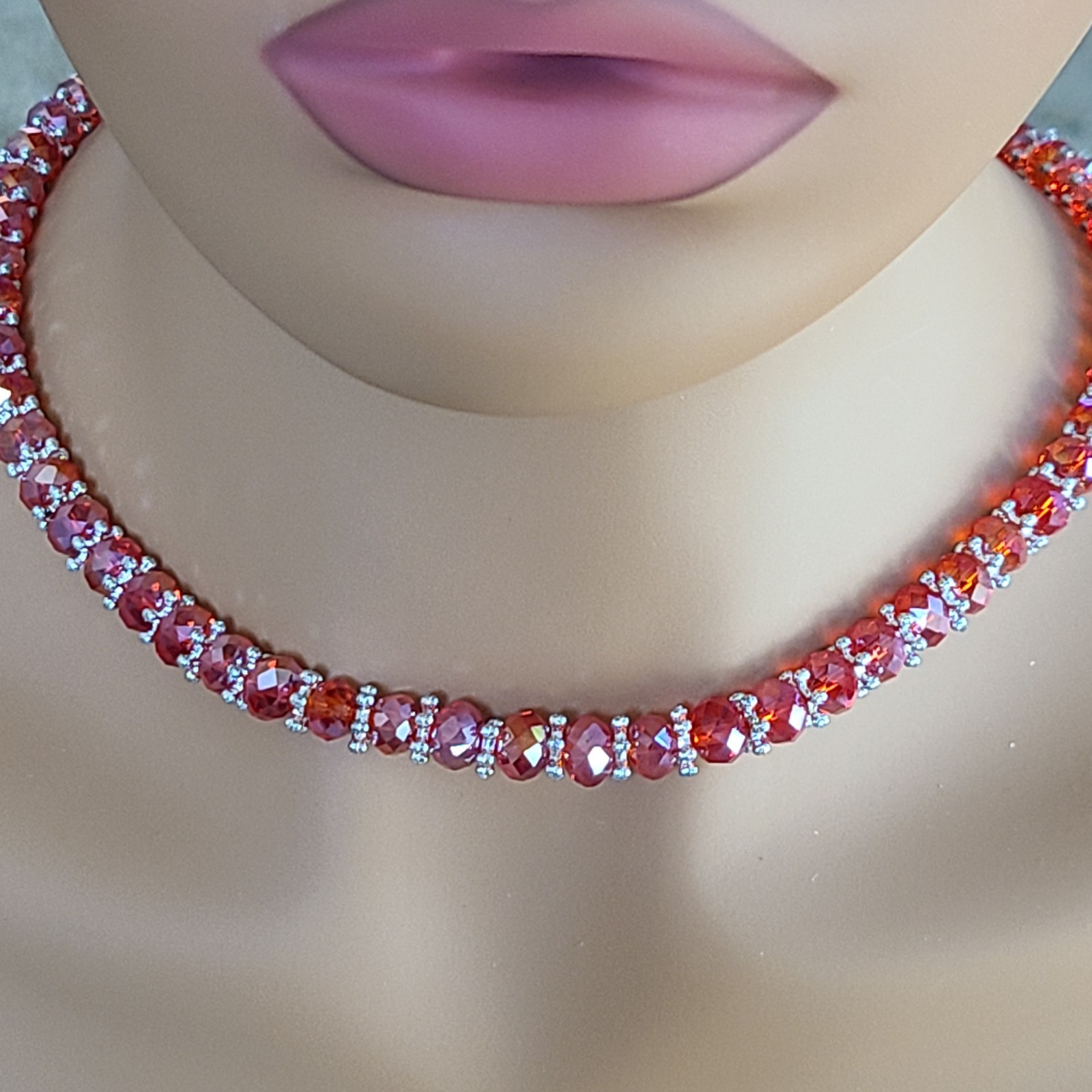 Vintage Fire Red Aurora Borealis AB Faceted Glass Crystal Choker Necklace 18.5”