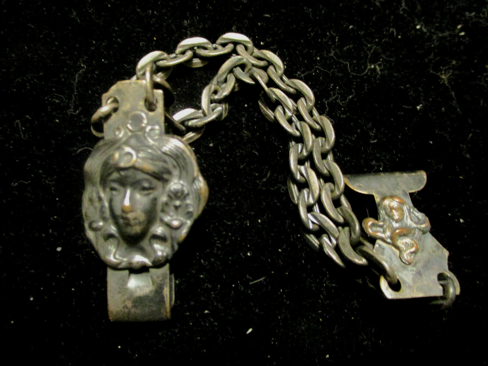 Antique Victorian Art Nouveau Maiden Gloves Hankie Clip Holder Chain Chatelaine!
