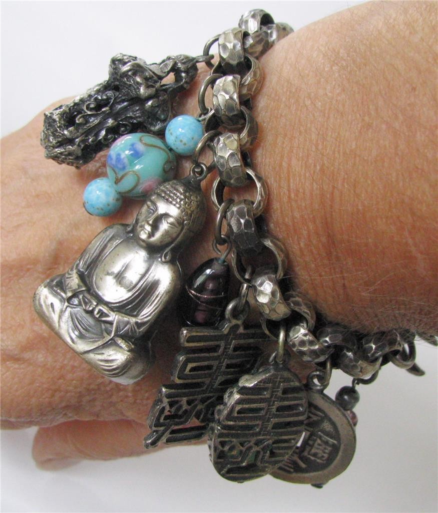 Vintage Napier Shangri La CHUNKY Asian 13 Charm Bracelet Silver 1950’s 7.25″