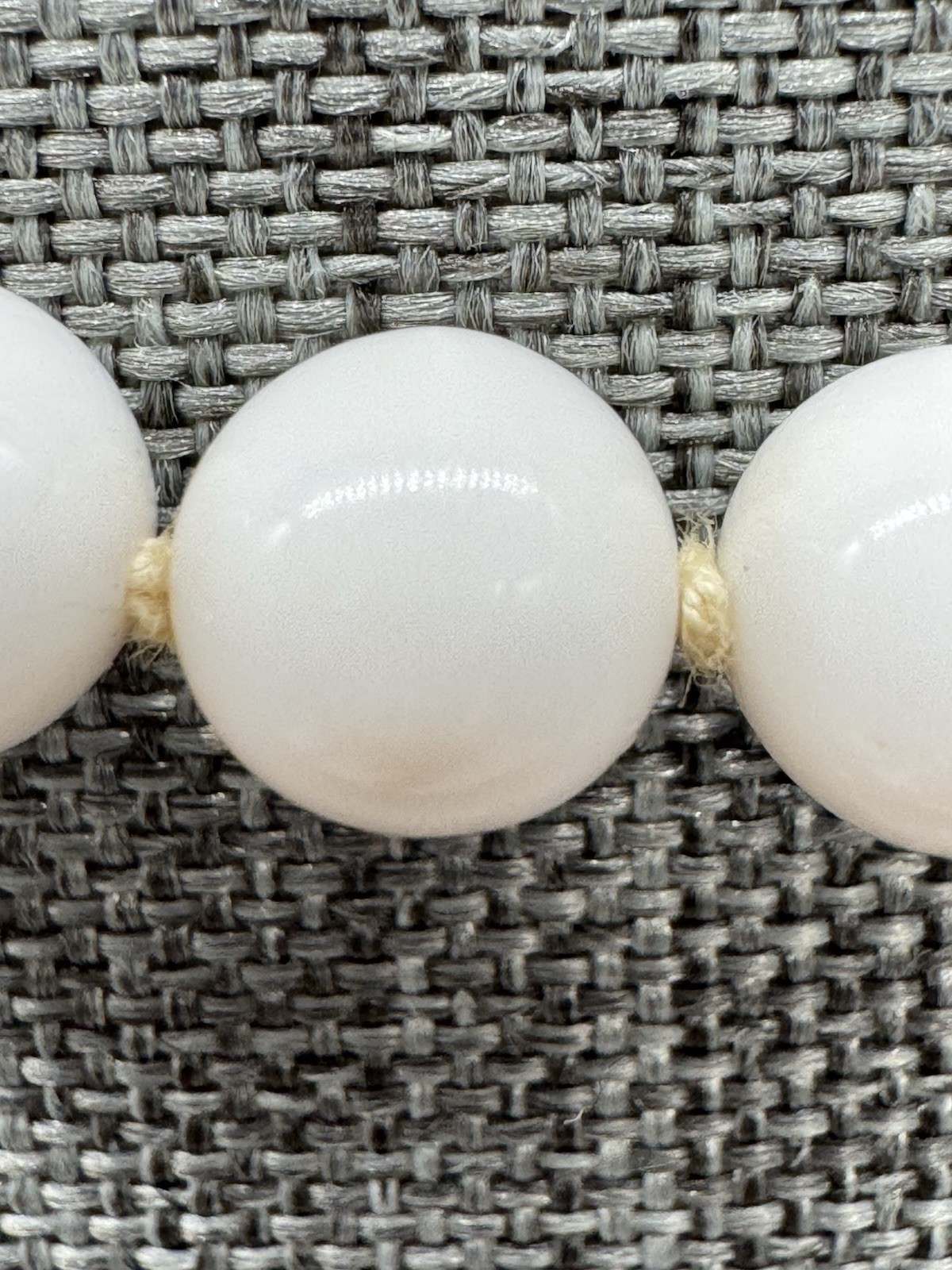 White Glass Single Strand Beaded Necklace Hand Knot 16” ~ Vintage Japan