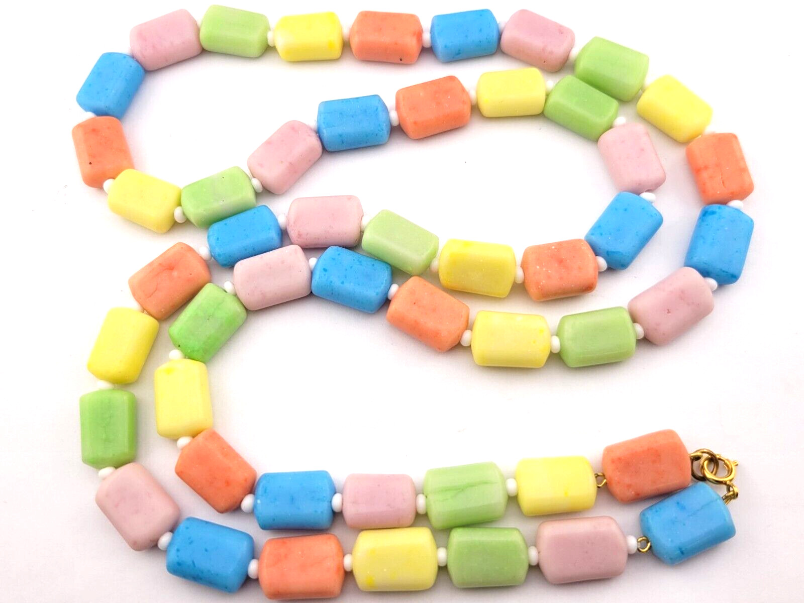 😍Eye Candy Vintage 36″ Pastel Pink Blue Yellow Molded Art Glass Bead Necklace