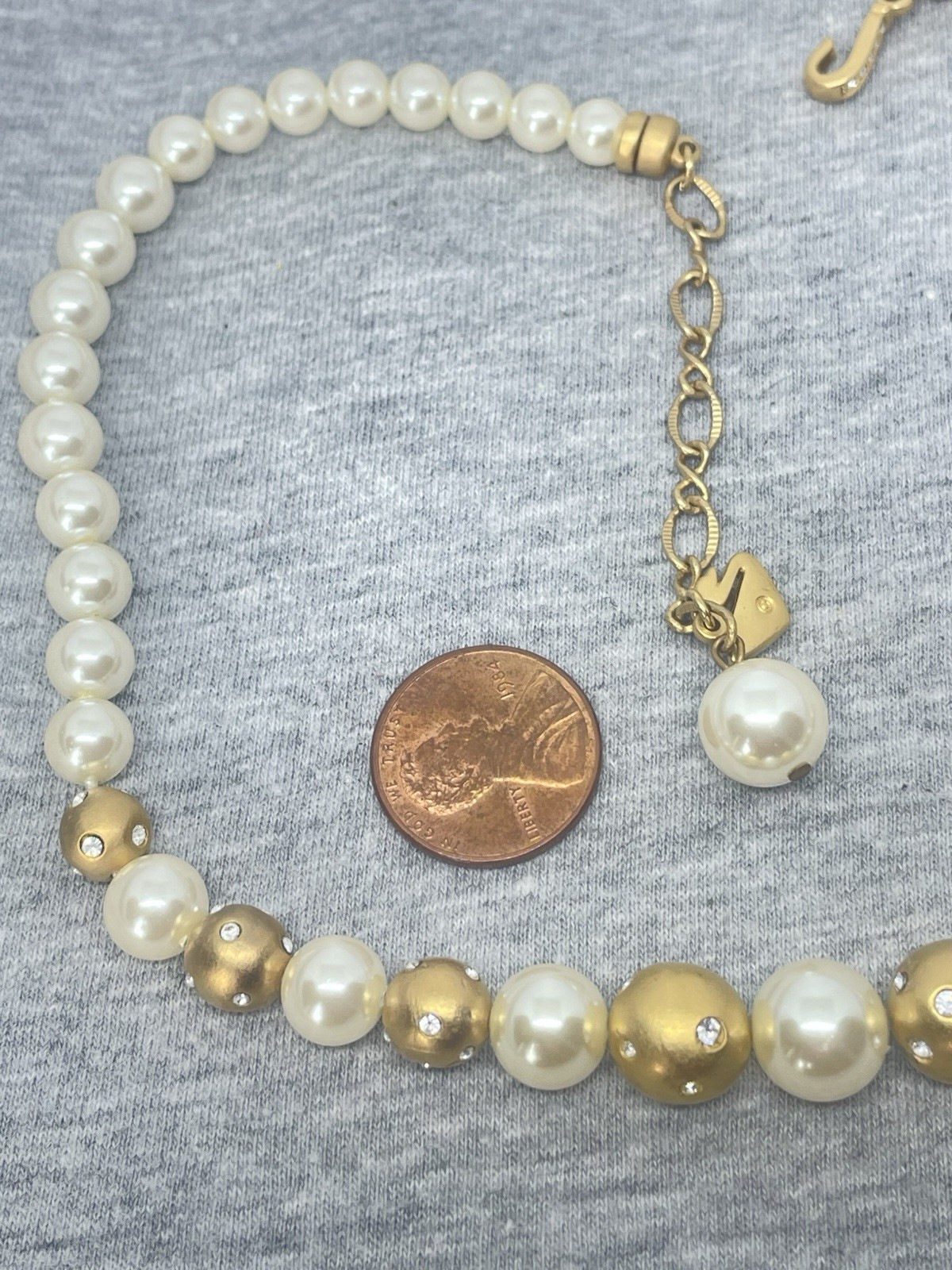 Vtg Swarovski Swan Signed Faux Pearls Crystals GoldTone Beaded 15-17” Necklace