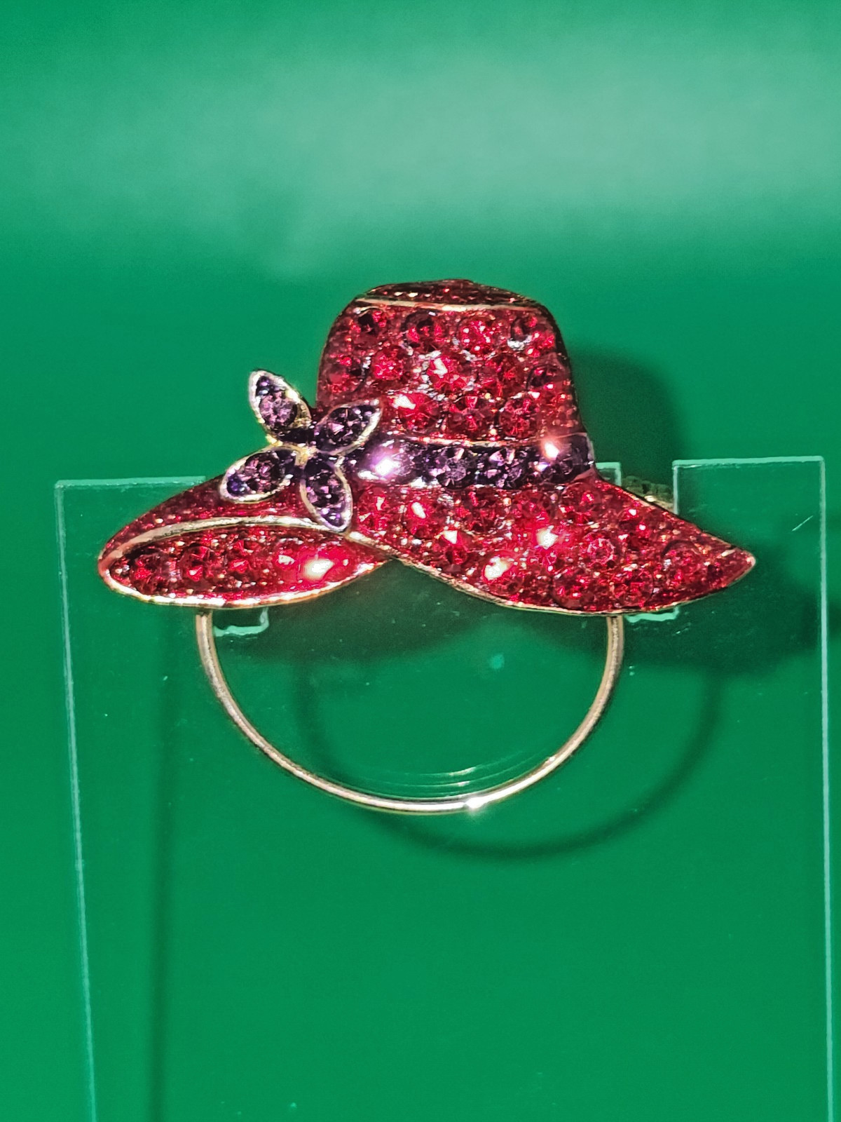 Red Hat Society Brooch Eyeglass Holder Lapel Vest Pin With Red & Purple Stones