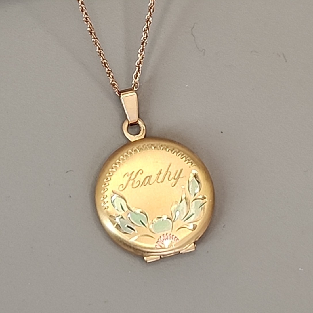 Vintage Locket Necklace Etched Kathy Gold Filled Enamel Accents 18″