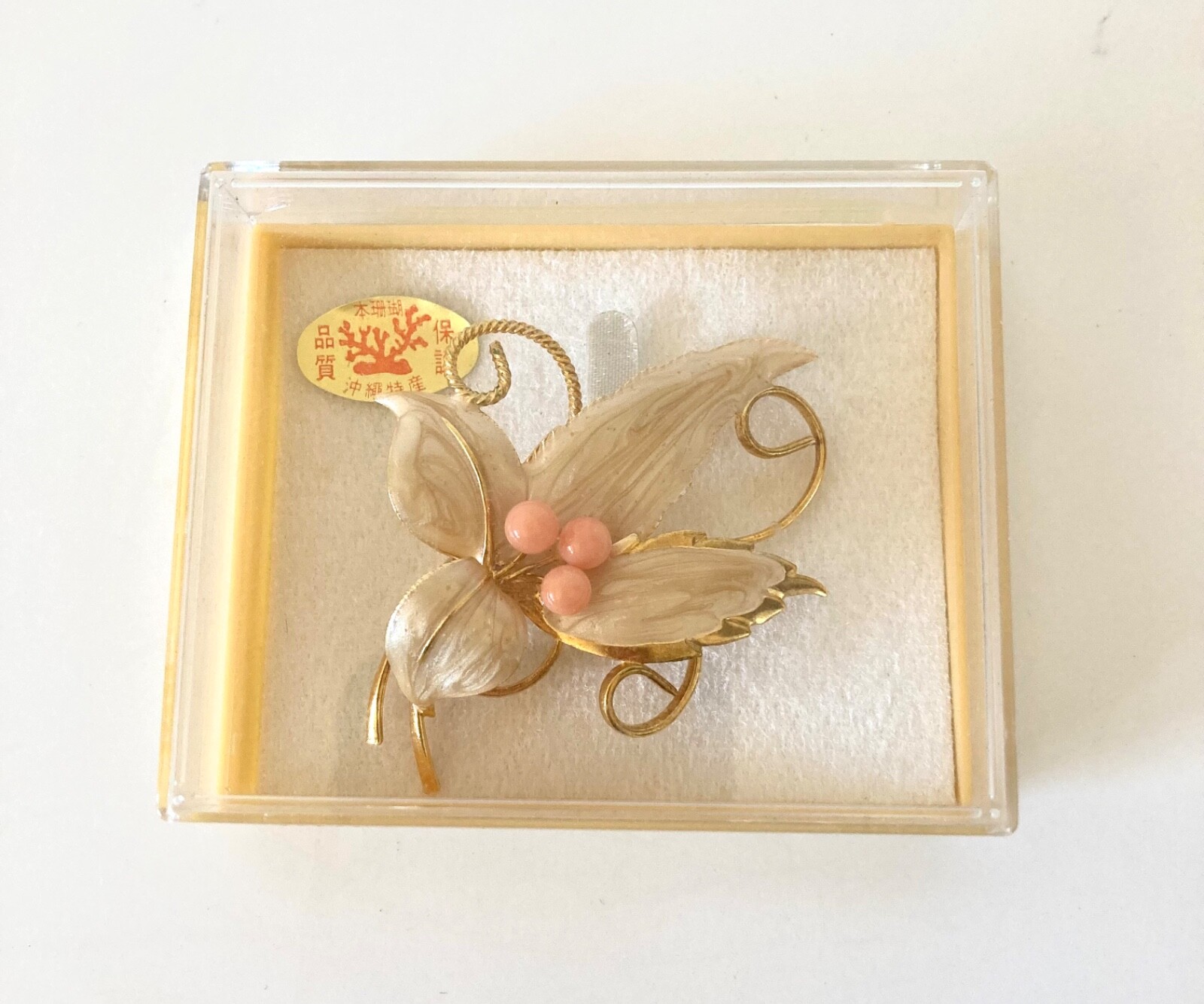 Vtg Coral Orchid Flower Brooch Champagne Enamel Gold Finish Okinawa Japan New