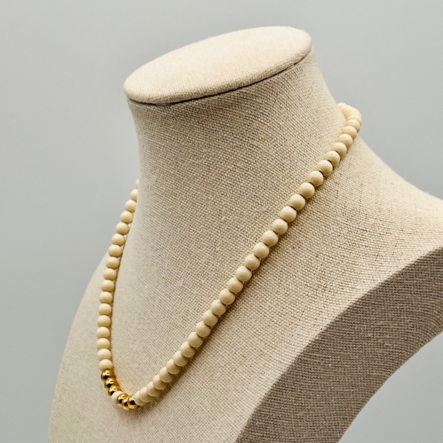 Vintage Monet Ivory Cream & Gold Tone Beaded Necklace Signed Classic Jewelry