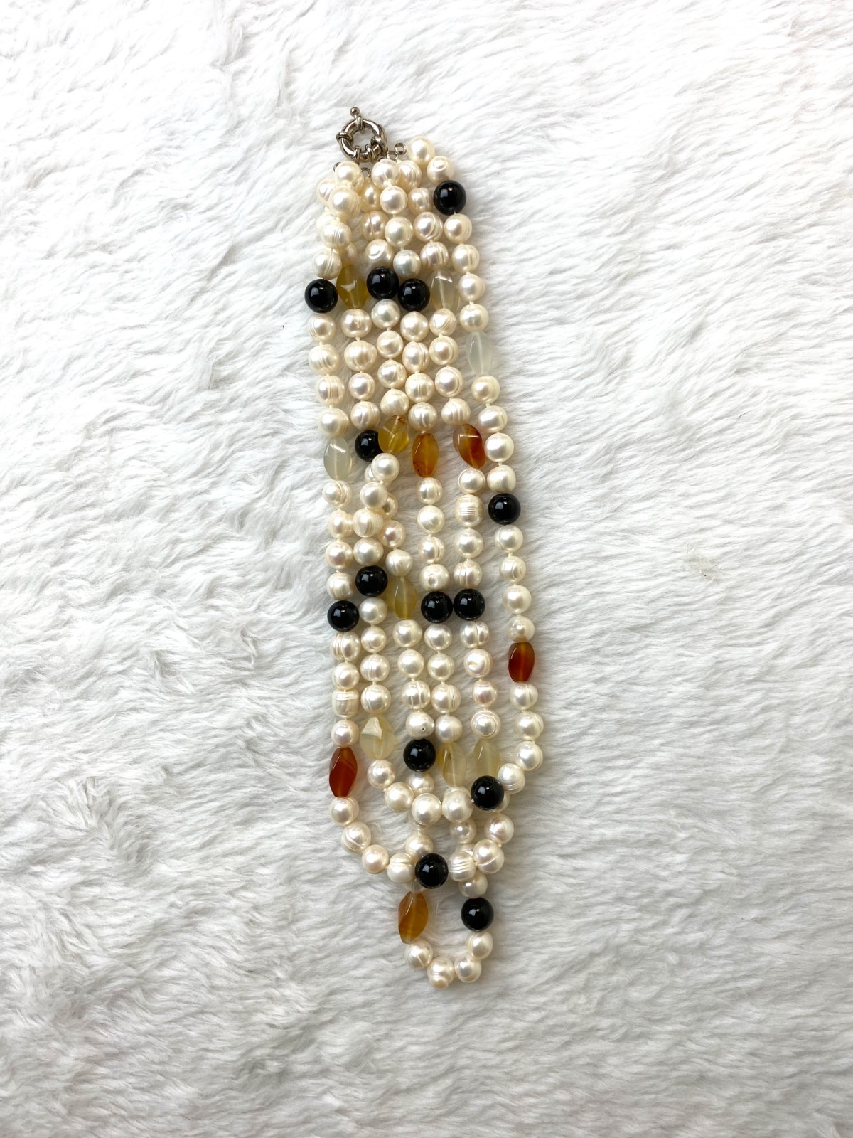 Vtg 1950s Japan Knotted Faux Pearl Multi-Strand Necklace Cream Amber Black 18″