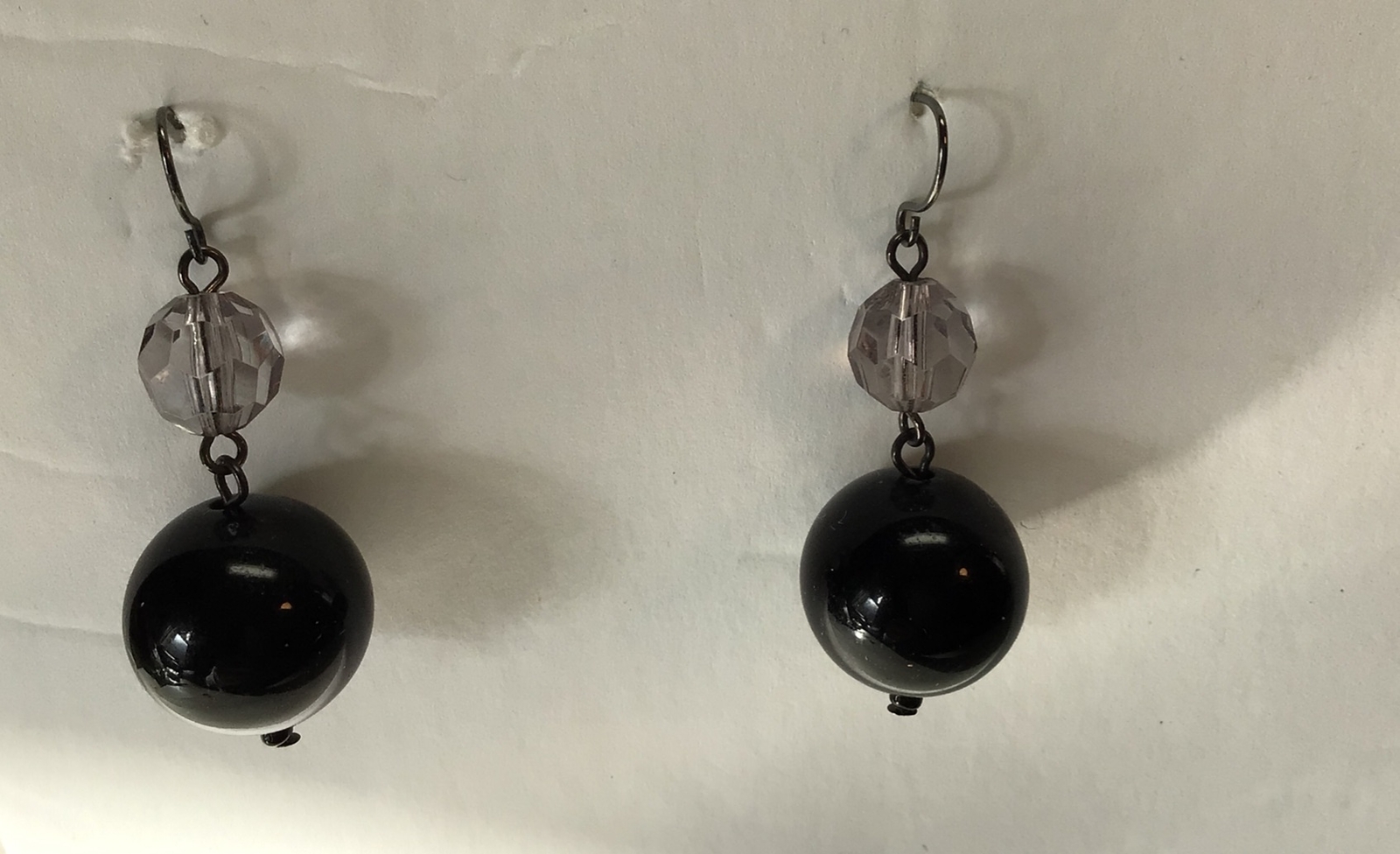 Vintage Statement Earring, Black Balls And Grayish Clear Beads. For Pierced Ears