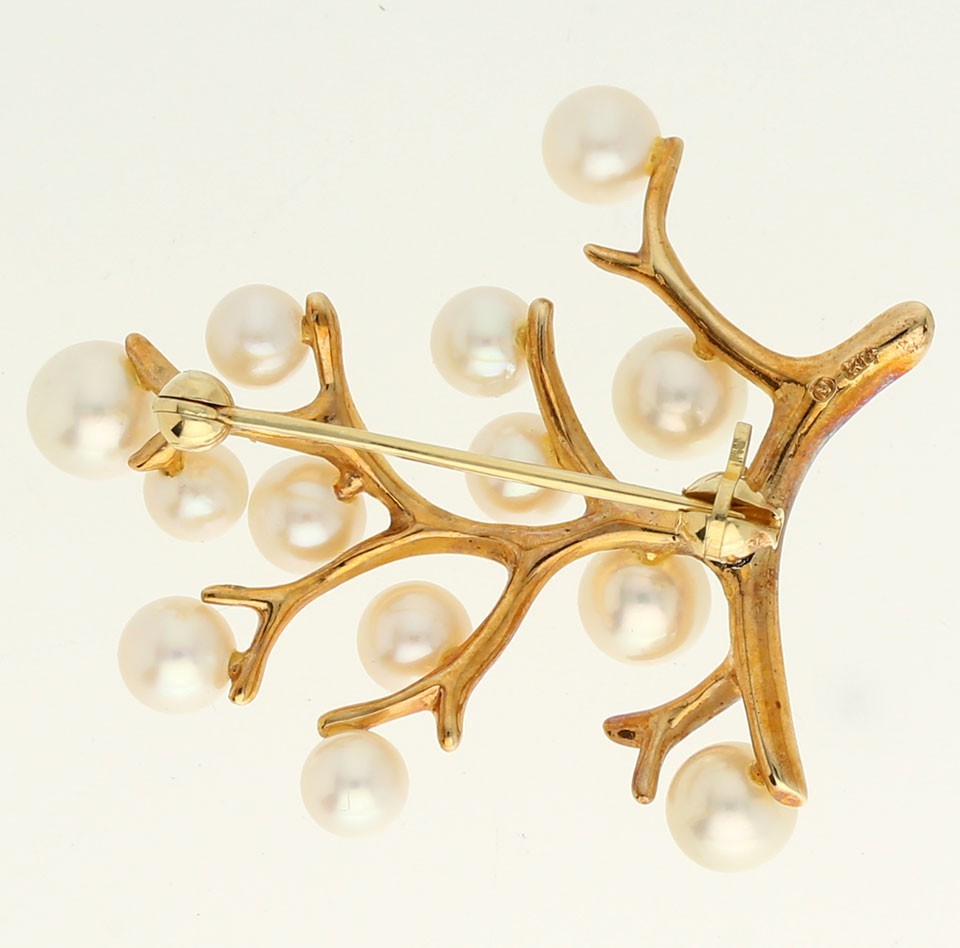 Vintage Estate Mikimoto Pearl Tree Of Life Pin Brooch 14K YG 1 ⅜” Long + Box