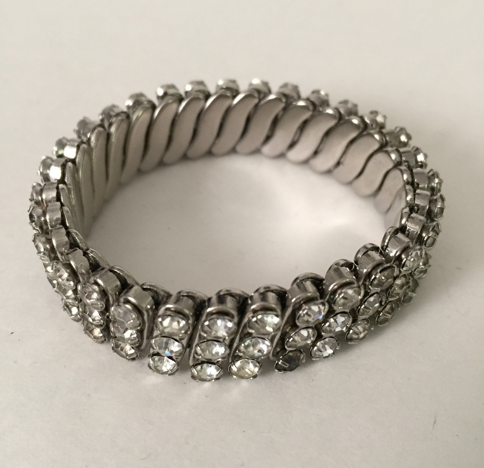 Vintage Stretch Band Style Bracelet Silver Tone W/3 Rows Rhinestones British HK