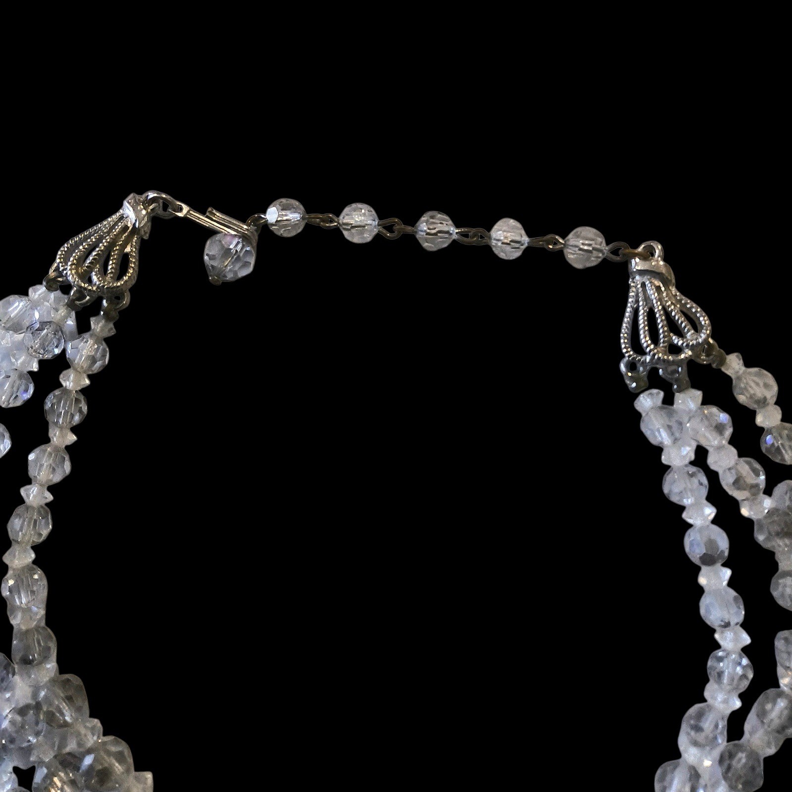 Vintage 3 Strand Crystal Glass Choker Necklace Clear Gray Faceted Beads 12–15″