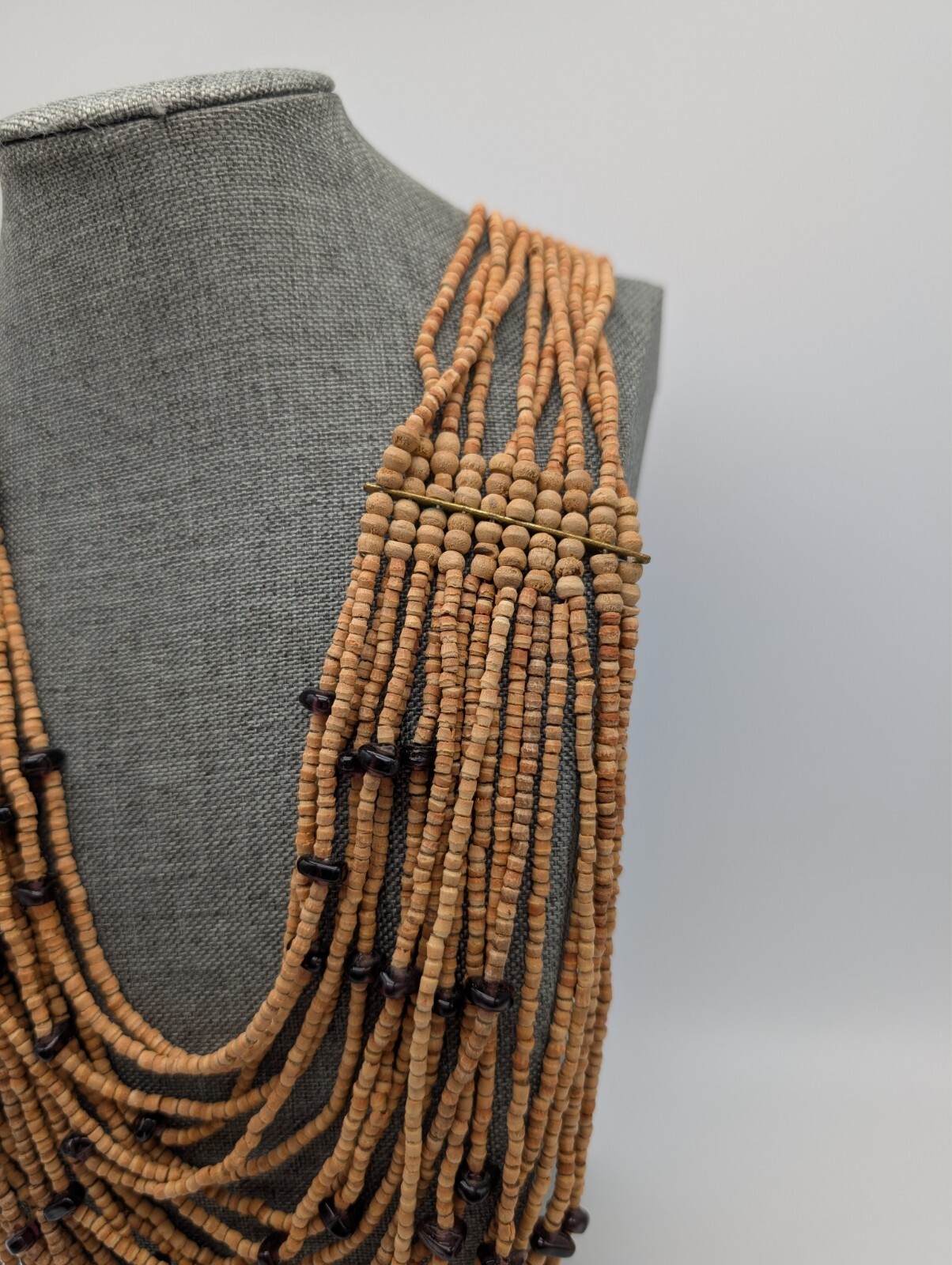Vintage Boho Multi Strand Wooden Cork Purple Glass Beaded Statement Necklace