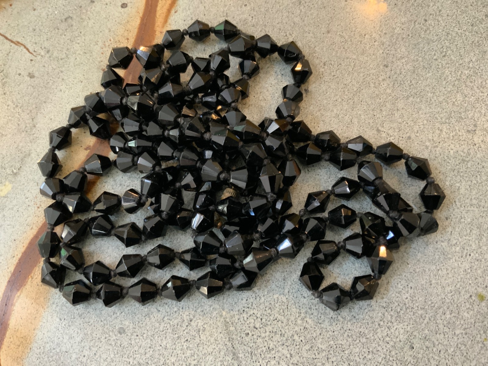 Beaded Flapper Czech glass Oil Slick black hand Knot Rivoli Opera necklace 64in