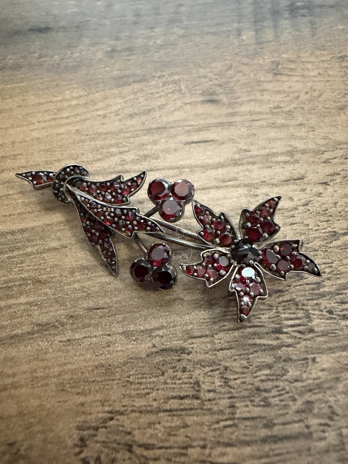 Antique Bohemian Garnet Flower Brooch Victorian Rose Cut Czech Pin