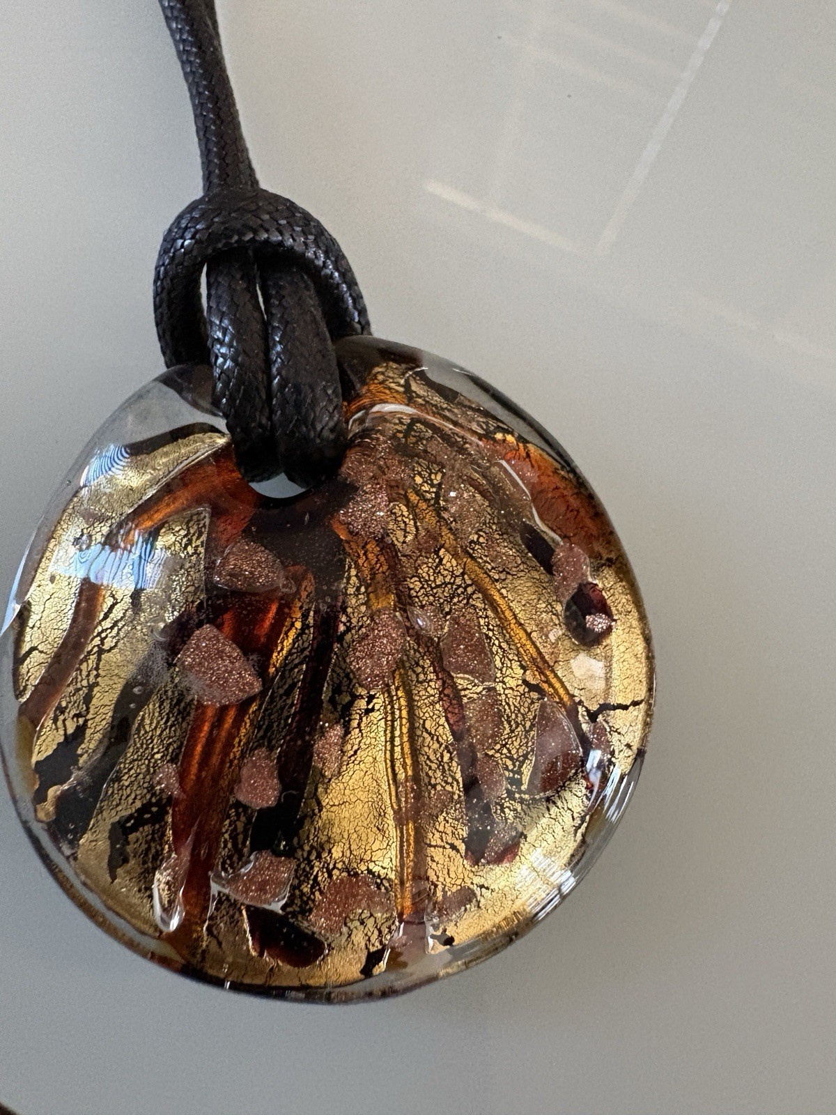 MURANO ITALY Signed Art Glass Pendant Gold Silver Foil With Orange Swirls