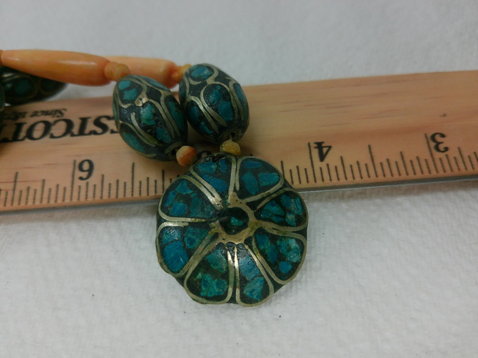 Vtg Turqoise Chip Inlay Silver Cow Bone Beaded Tribal Flower Pendant Necklace