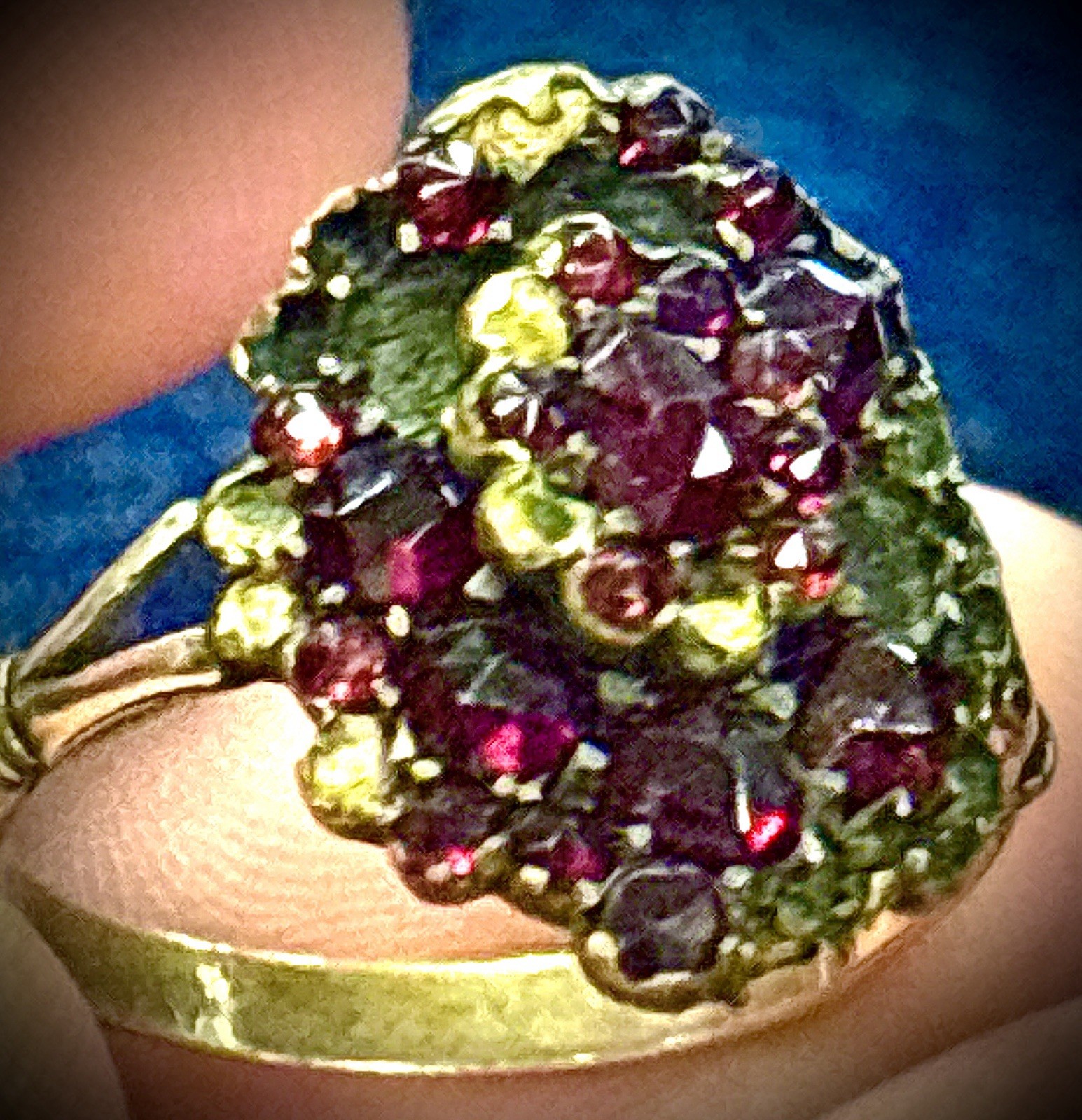 Antique Bohemian Garnet Cluster Ring Czechoslovakia Gold Genuine Garnets Estate
