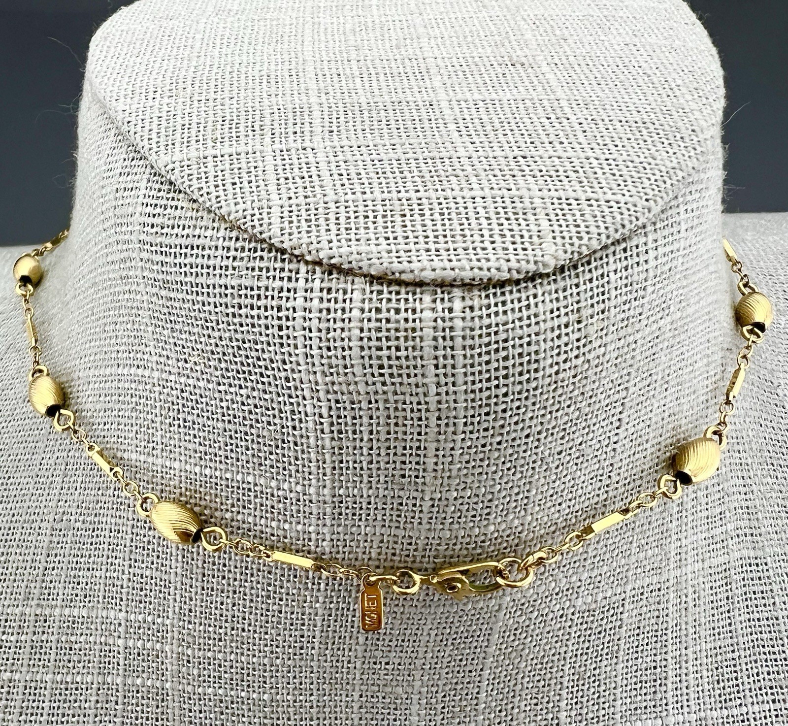 Vintage Monet Necklace Dainty Gold Tone Textured Oval Beads Bar Link Signed 15”