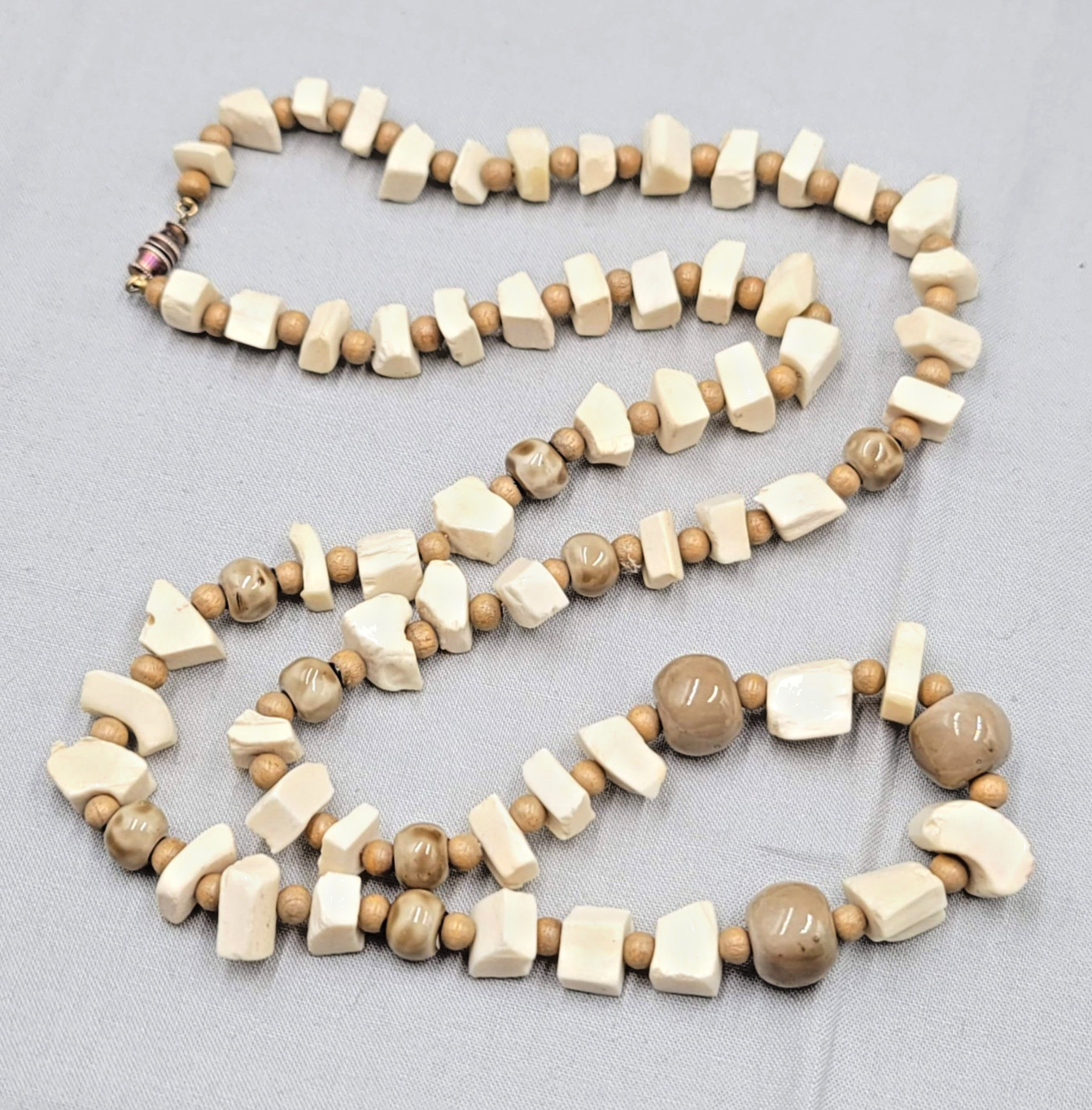 Vintage Bead Necklace Wood Ceramic Cow Bone Long 32″