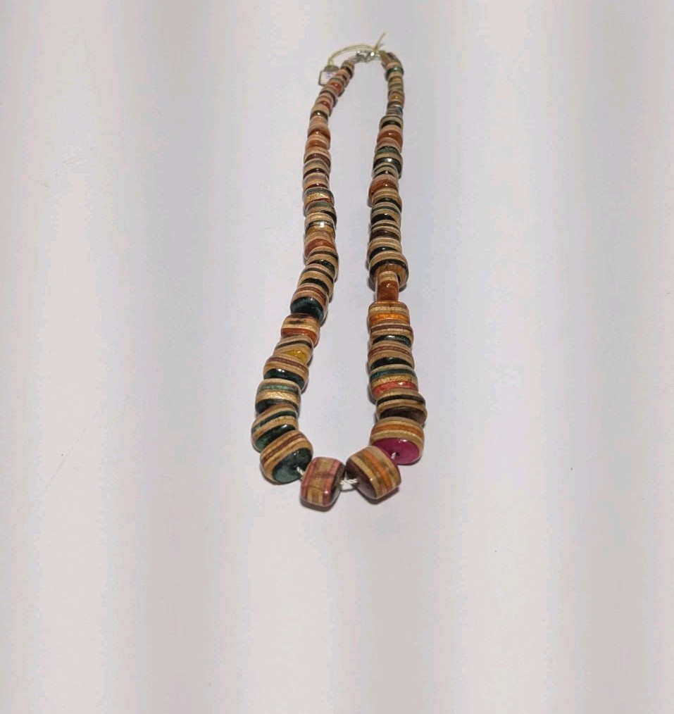 Vintage Multicolor Wood Bead Handmade Necklace. Silver Tone End Caps. 21″ BOHO